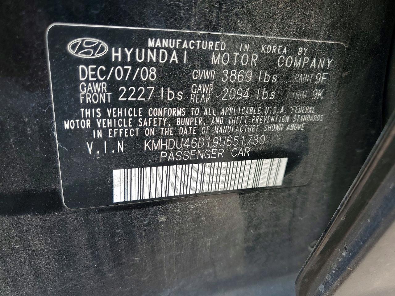 2009 Hyundai Elantra Gls Черный vin: KMHDU46D19U651730