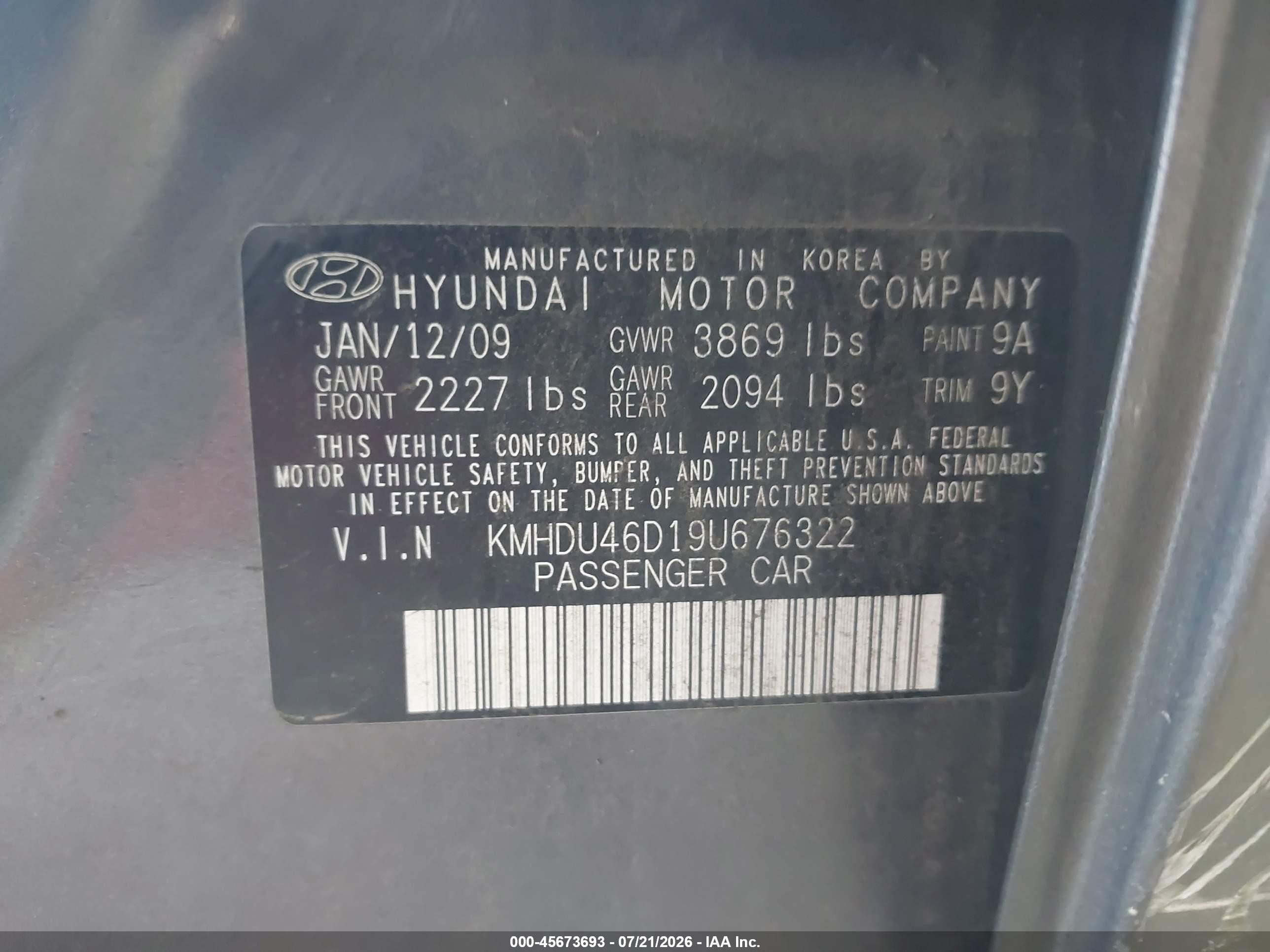 2009 Hyundai Elantra Gls Gray vin: KMHDU46D19U676322