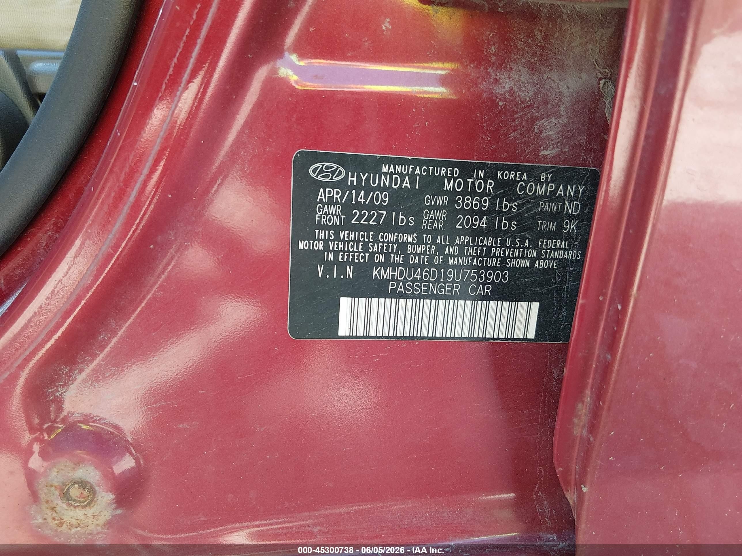 2009 Hyundai Elantra Gls Red vin: KMHDU46D19U753903
