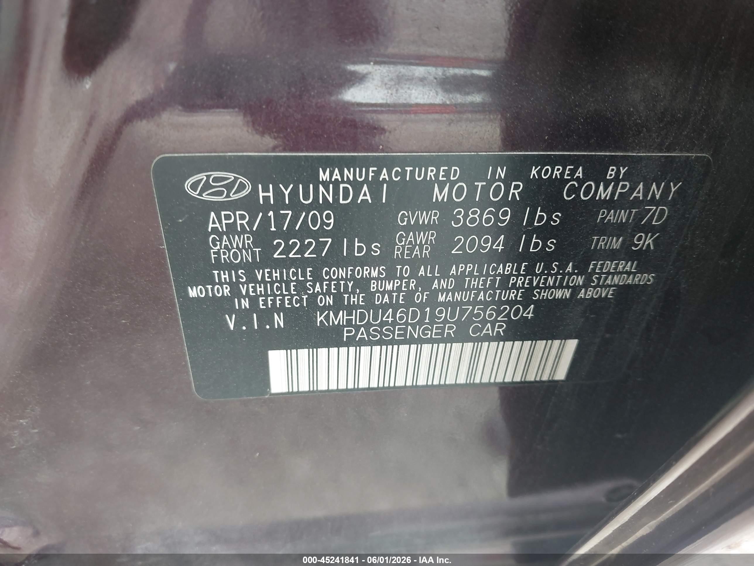 2009 Hyundai Elantra Gls Maroon vin: KMHDU46D19U756204