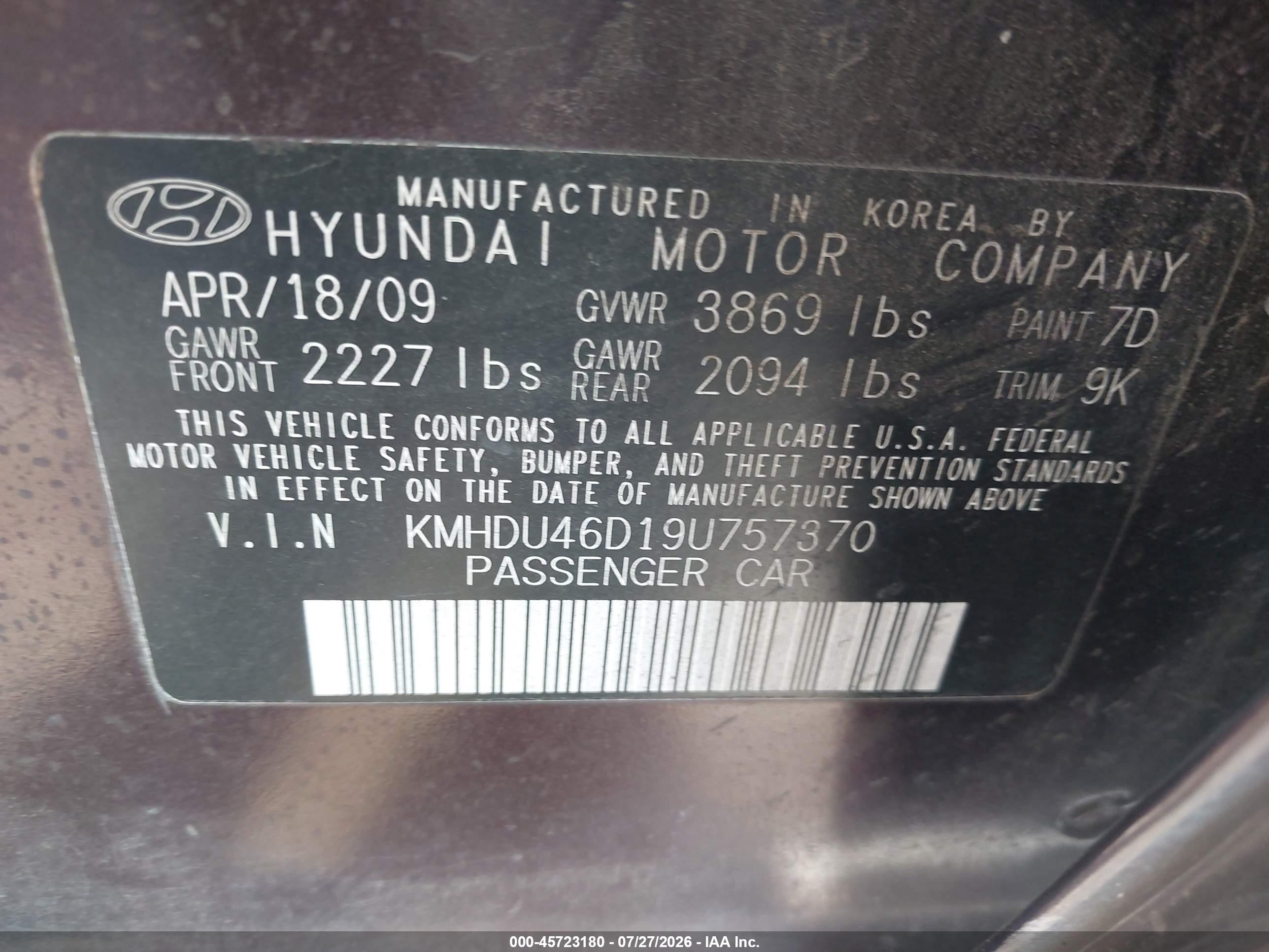 2009 Hyundai Elantra Gls Purple vin: KMHDU46D19U757370