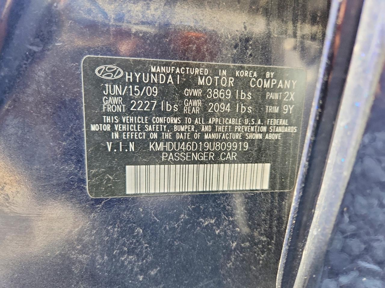 2009 Hyundai Elantra Gls Blue vin: KMHDU46D19U809919