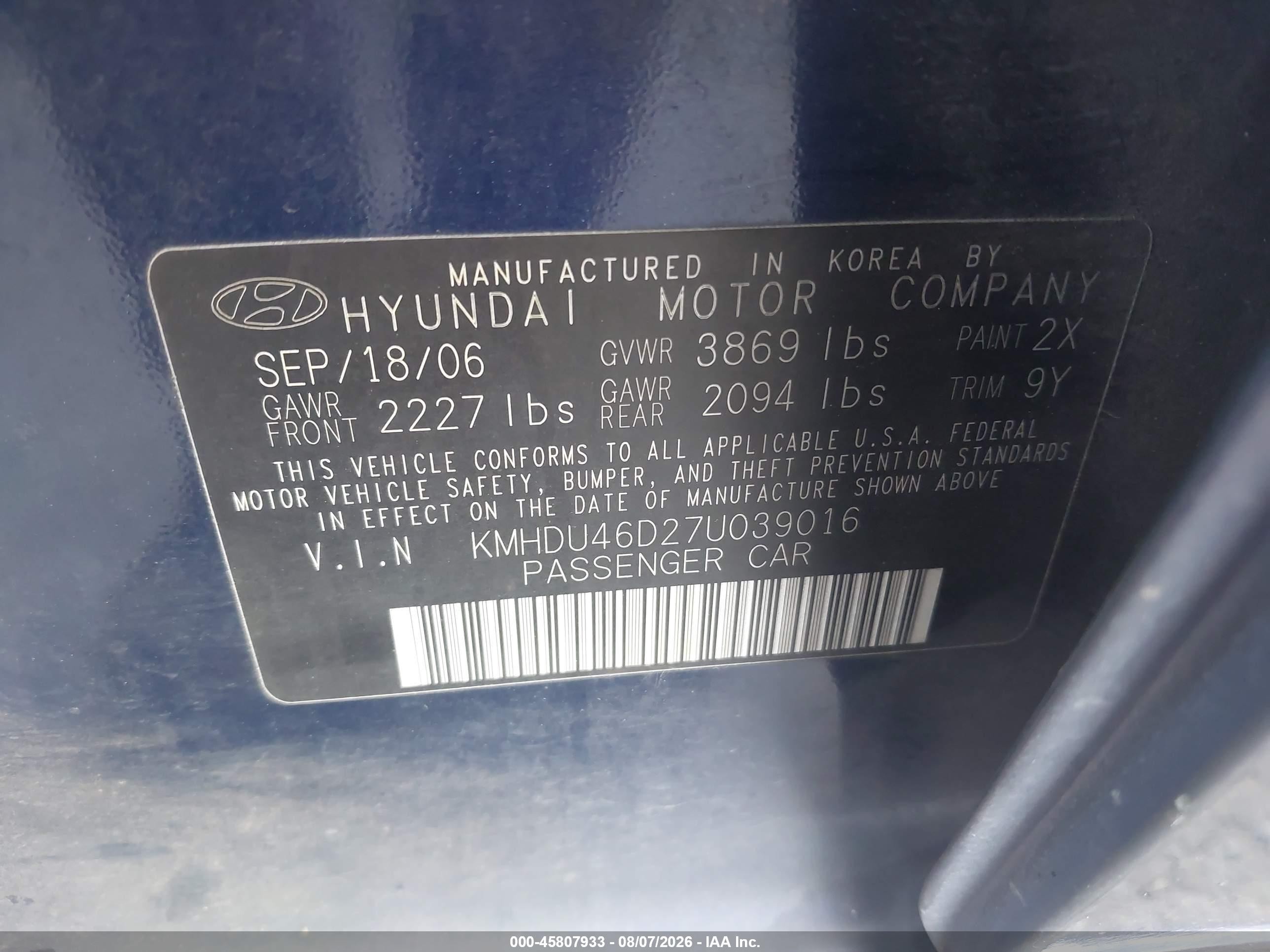 2007 Hyundai Elantra Gls/ltd/se Blue vin: KMHDU46D27U039016