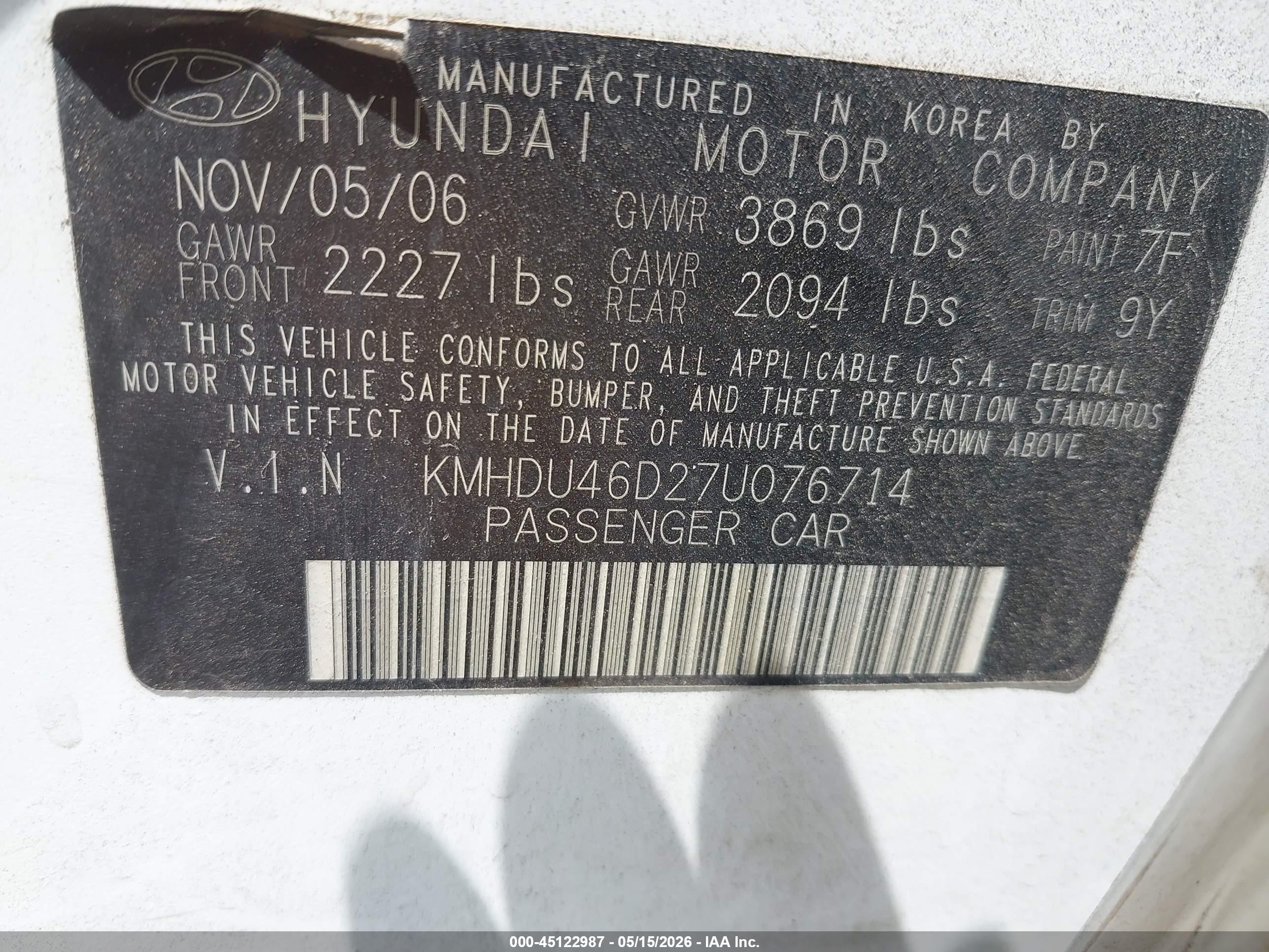2007 Hyundai Elantra Gls/limited/se White vin: KMHDU46D27U076714