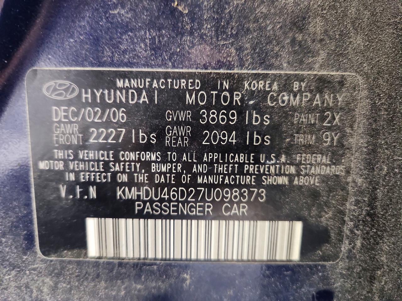 2007 Hyundai Elantra Gls Blue vin: KMHDU46D27U098373