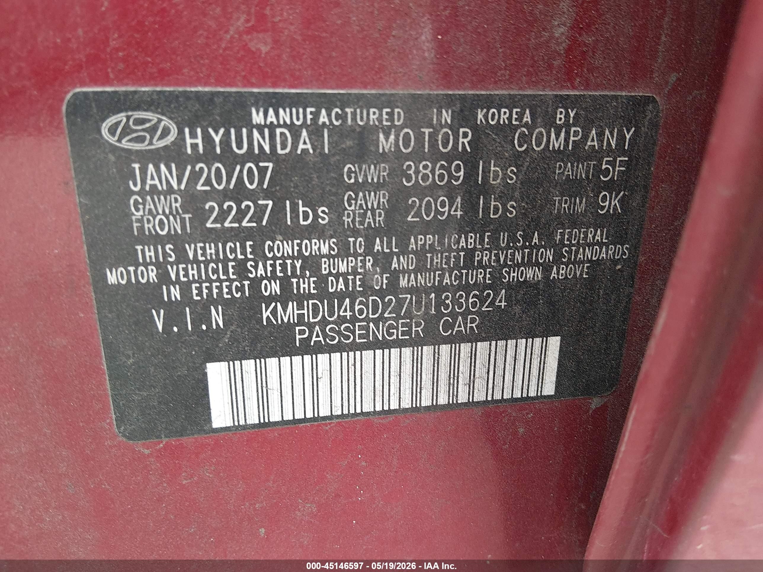 2007 Hyundai Elantra Gls/limited/se Красный vin: KMHDU46D27U133624