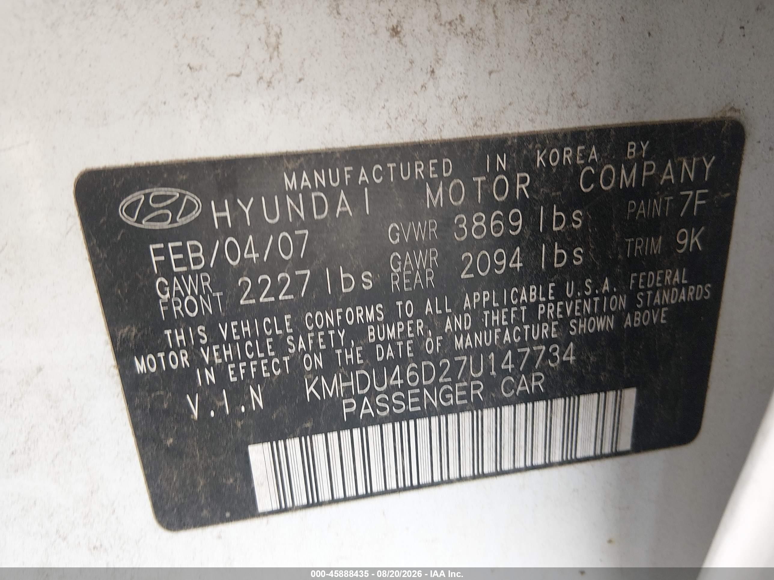 2007 Hyundai Elantra Gls/ltd/se Белый vin: KMHDU46D27U147734