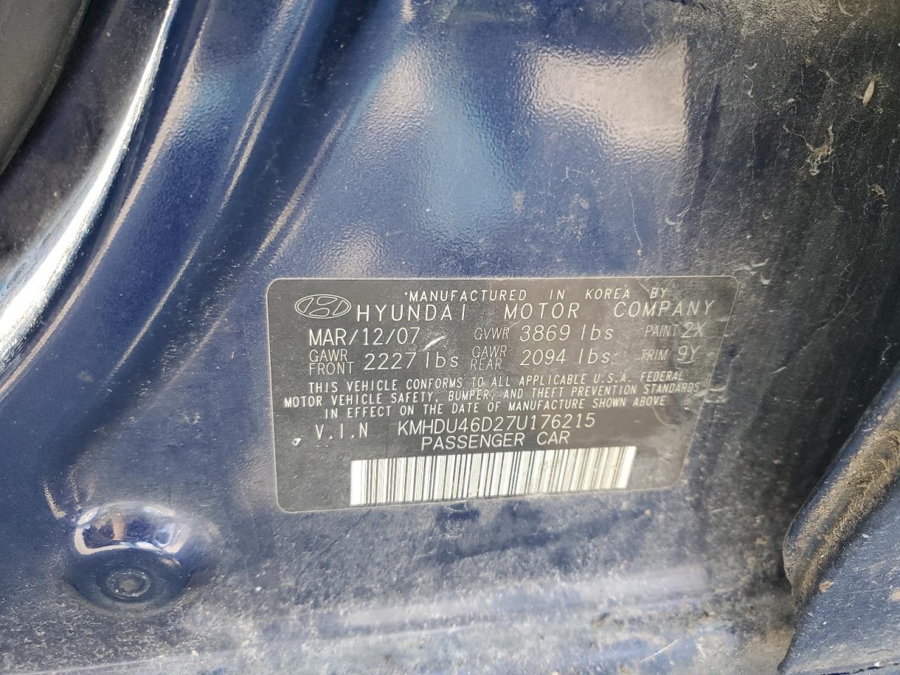 2007 Hyundai Elantra Gls Blue vin: KMHDU46D27U176215