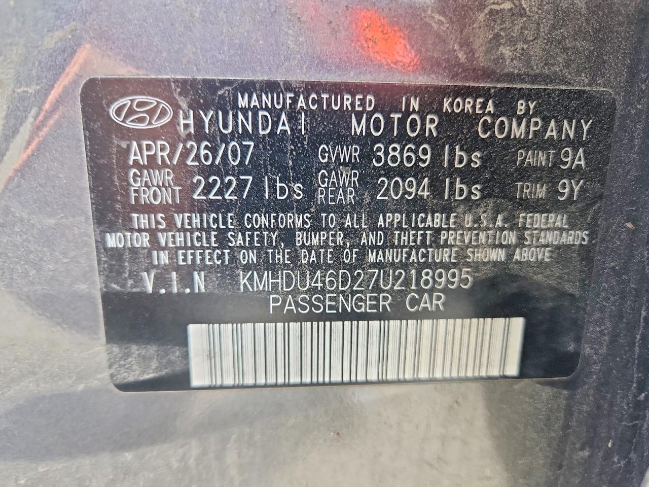 2007 Hyundai Elantra Gls Gray vin: KMHDU46D27U218995
