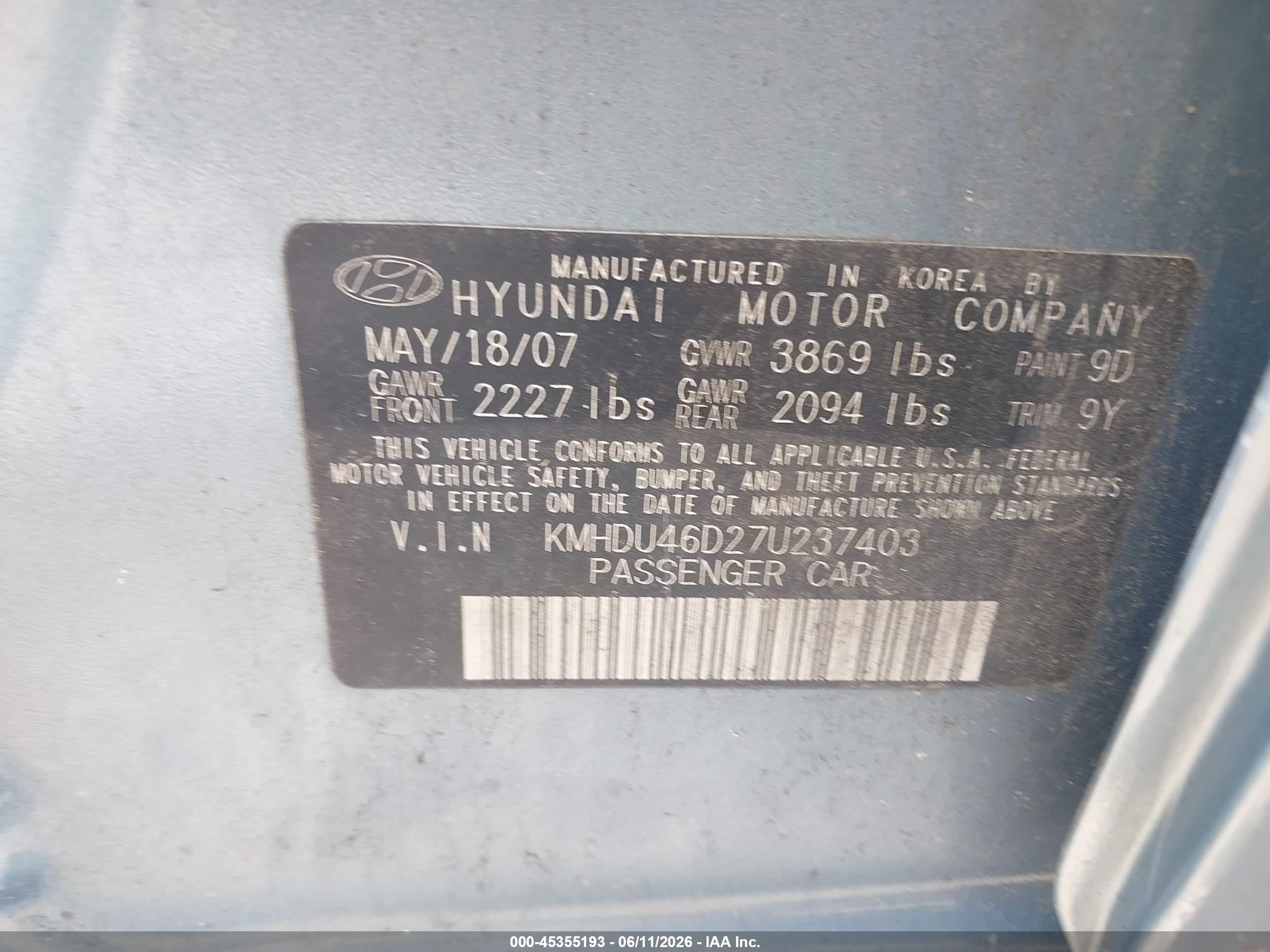 2007 Hyundai Elantra Gls/limited/ltd/se Light Blue vin: KMHDU46D27U237403