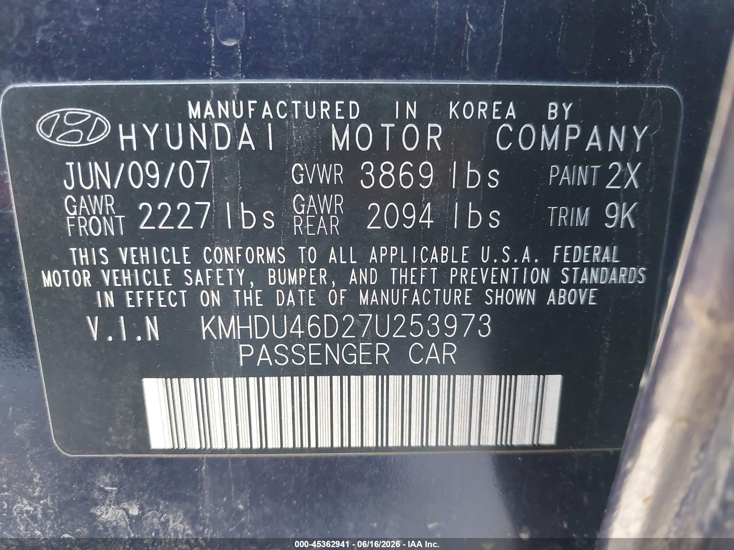 2007 Hyundai Elantra Gls/limited/ltd/se Blue vin: KMHDU46D27U253973