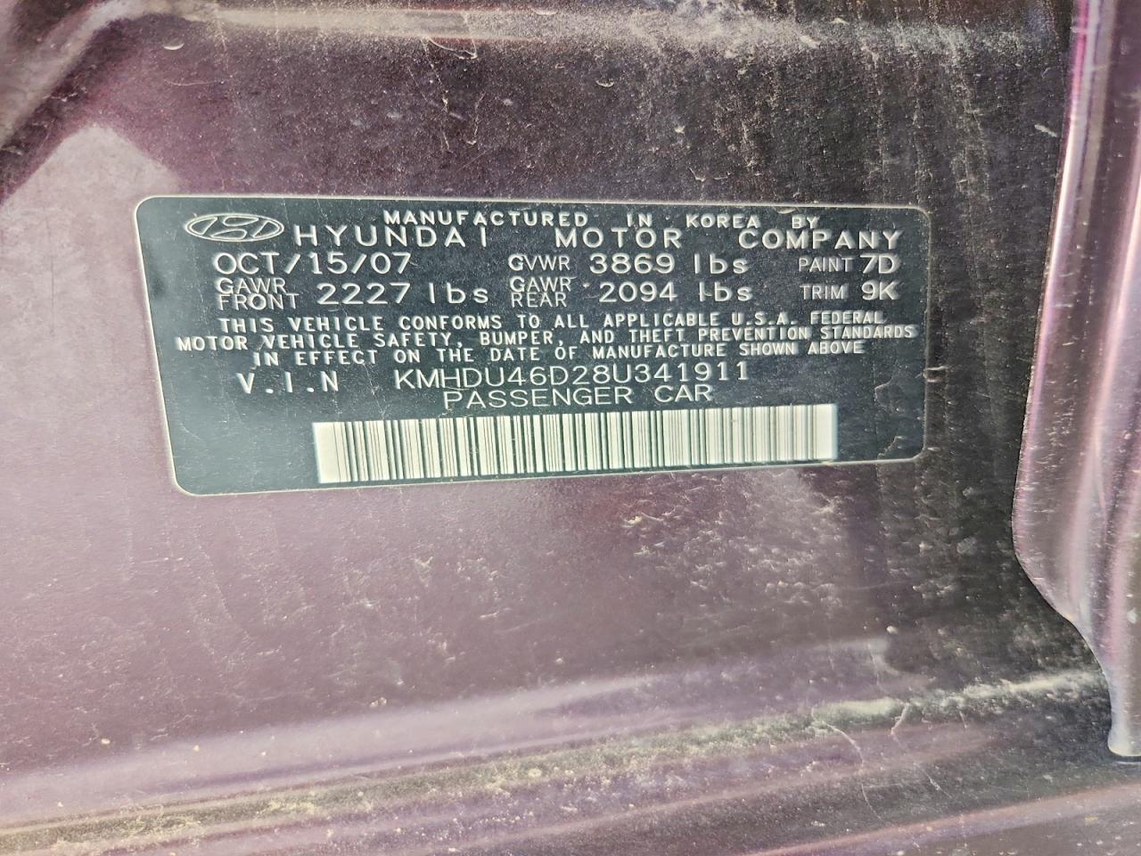 2008 Hyundai Elantra Gls Purple vin: KMHDU46D28U341911