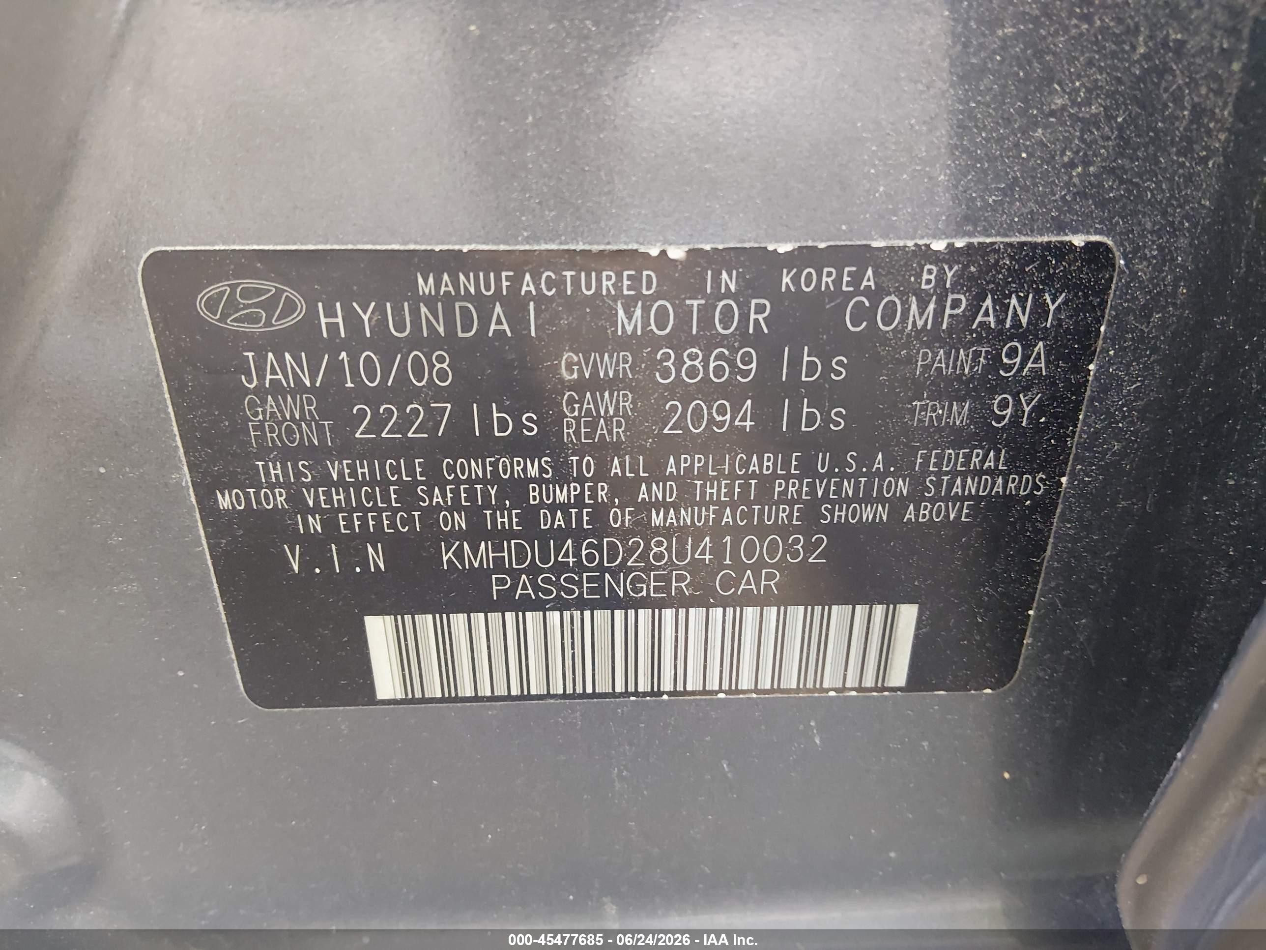 2008 Hyundai Elantra Gls/se Gray vin: KMHDU46D28U410032