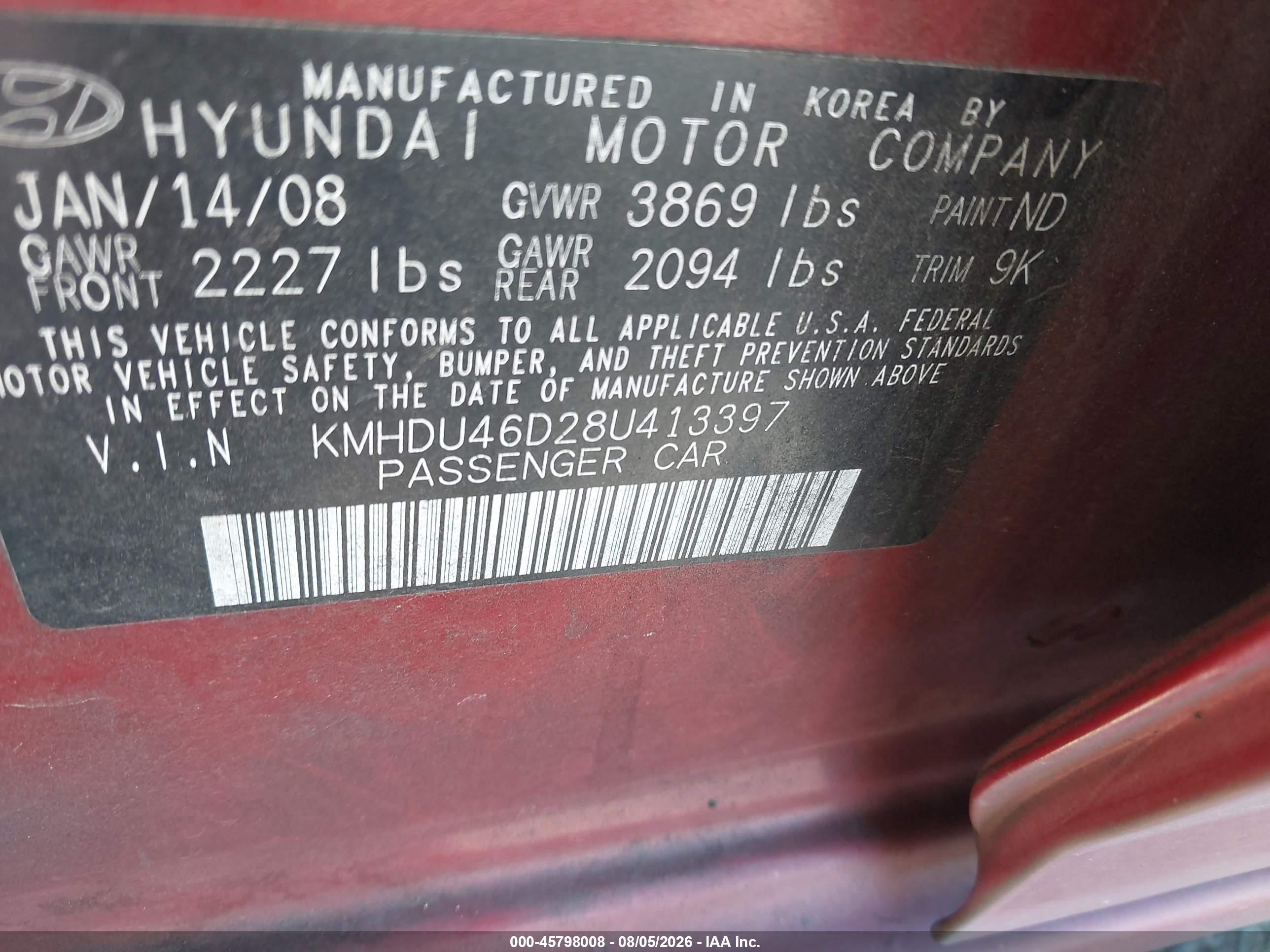 2008 Hyundai Elantra Gls/se Красный vin: KMHDU46D28U413397