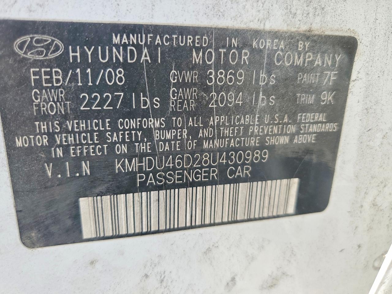 2008 Hyundai Elantra Gls White vin: KMHDU46D28U430989