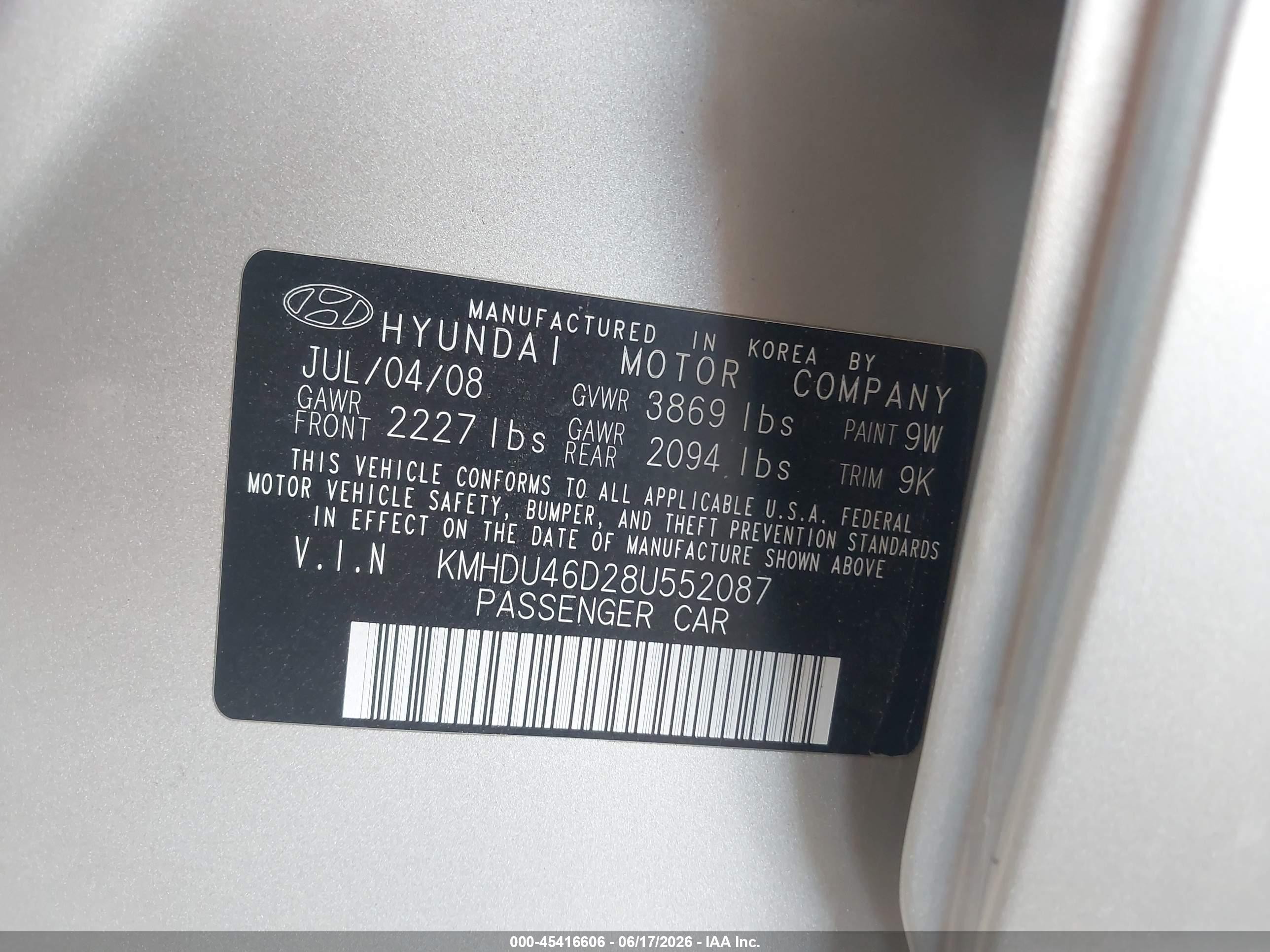 2008 Hyundai Elantra Gls/se Gray vin: KMHDU46D28U552087