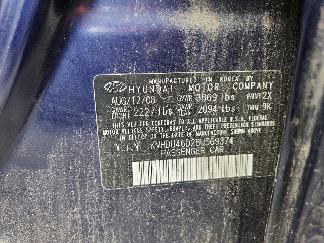 2008 Hyundai Elantra Gls Blue vin: KMHDU46D28U569374
