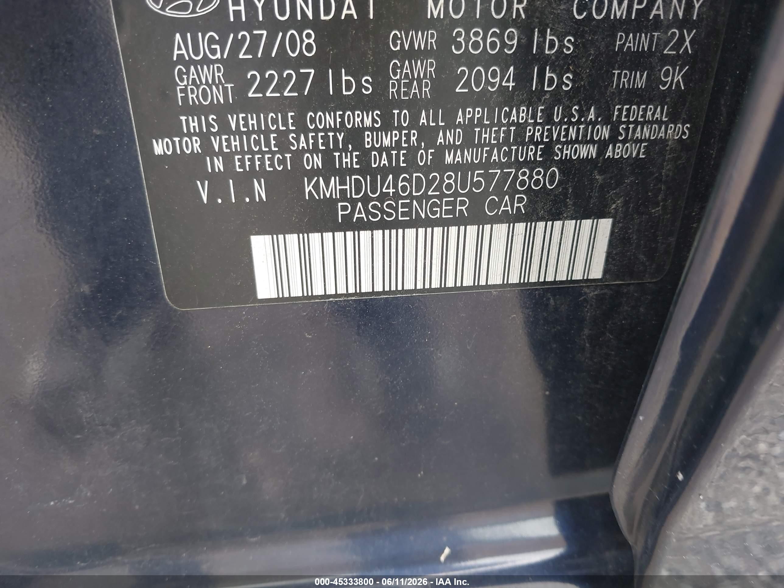 2008 Hyundai Elantra Gls/se Dark Blue vin: KMHDU46D28U577880