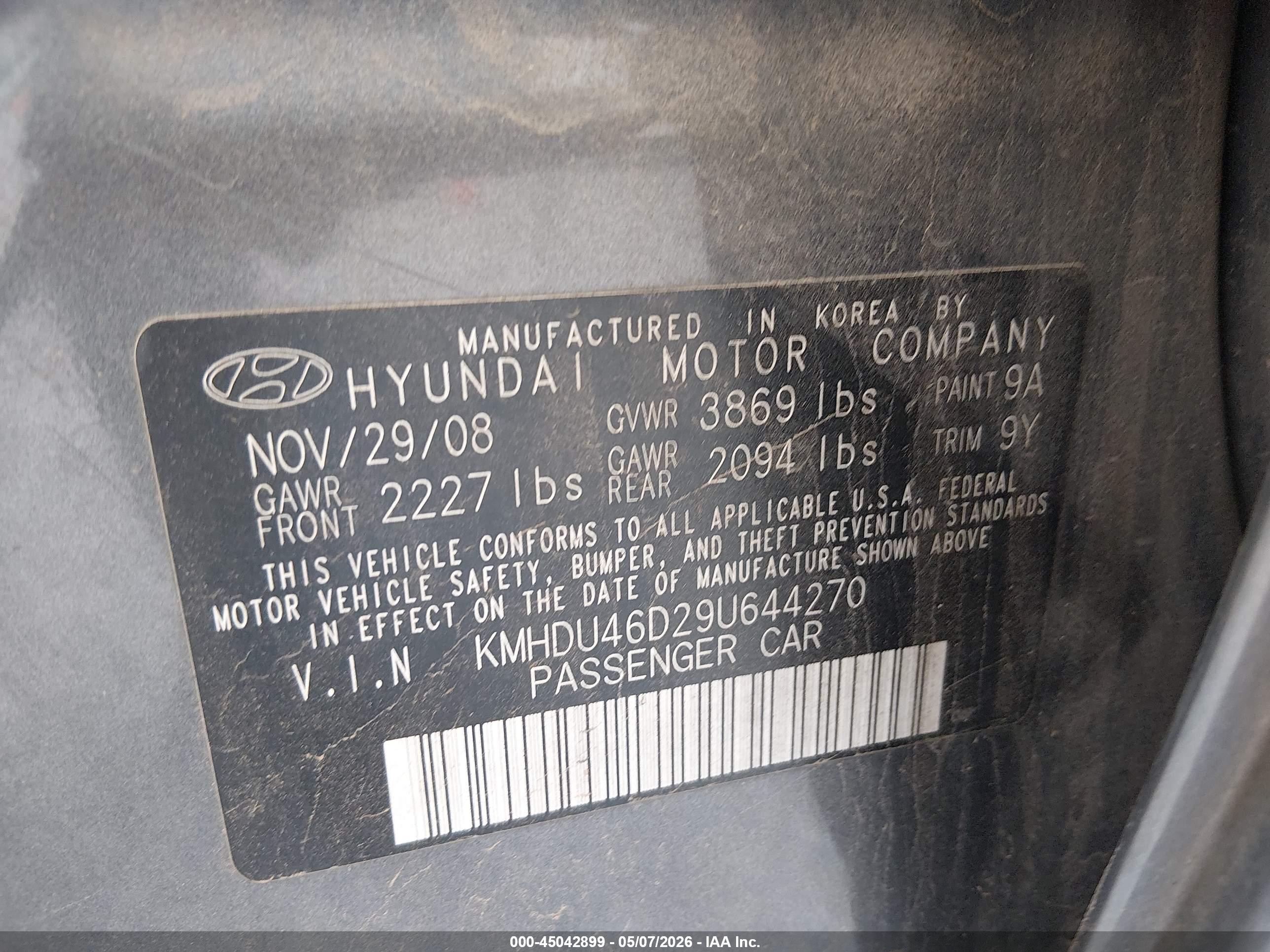 2009 Hyundai Elantra Gls Gray vin: KMHDU46D29U644270