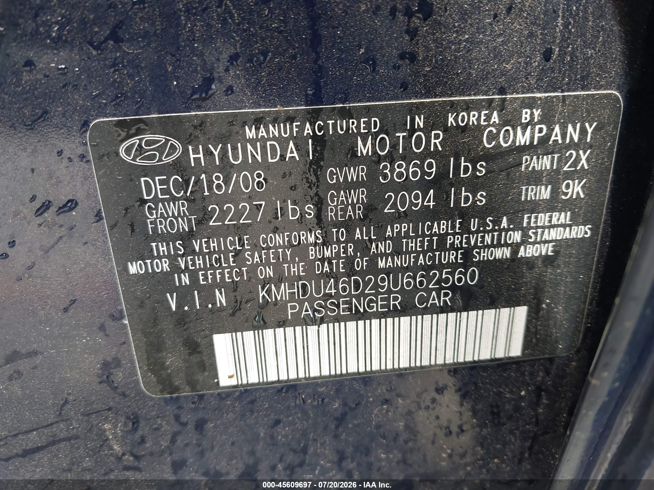 2009 Hyundai Elantra Gls Dark Blue vin: KMHDU46D29U662560