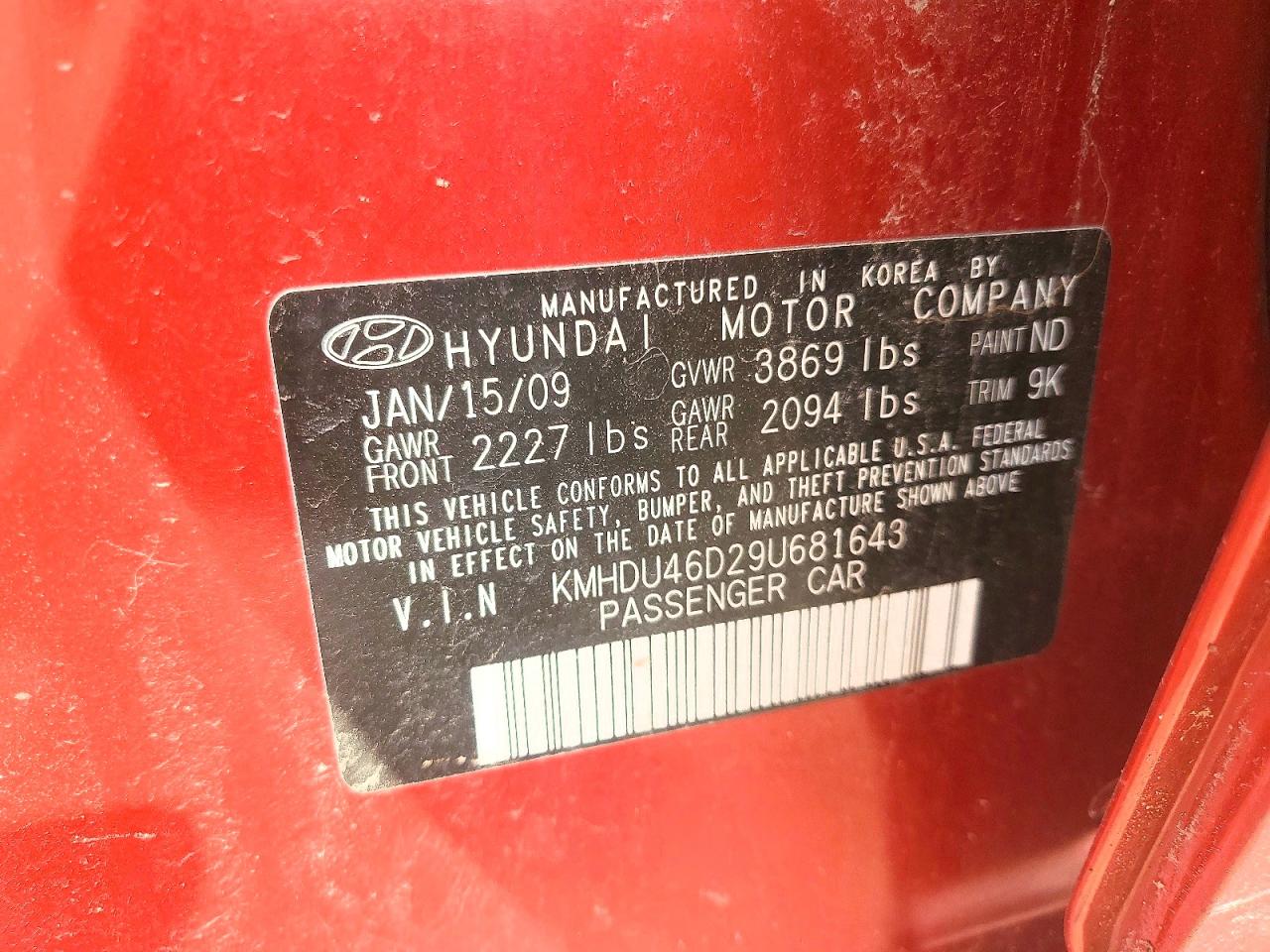 2009 Hyundai Elantra Gls Red vin: KMHDU46D29U681643