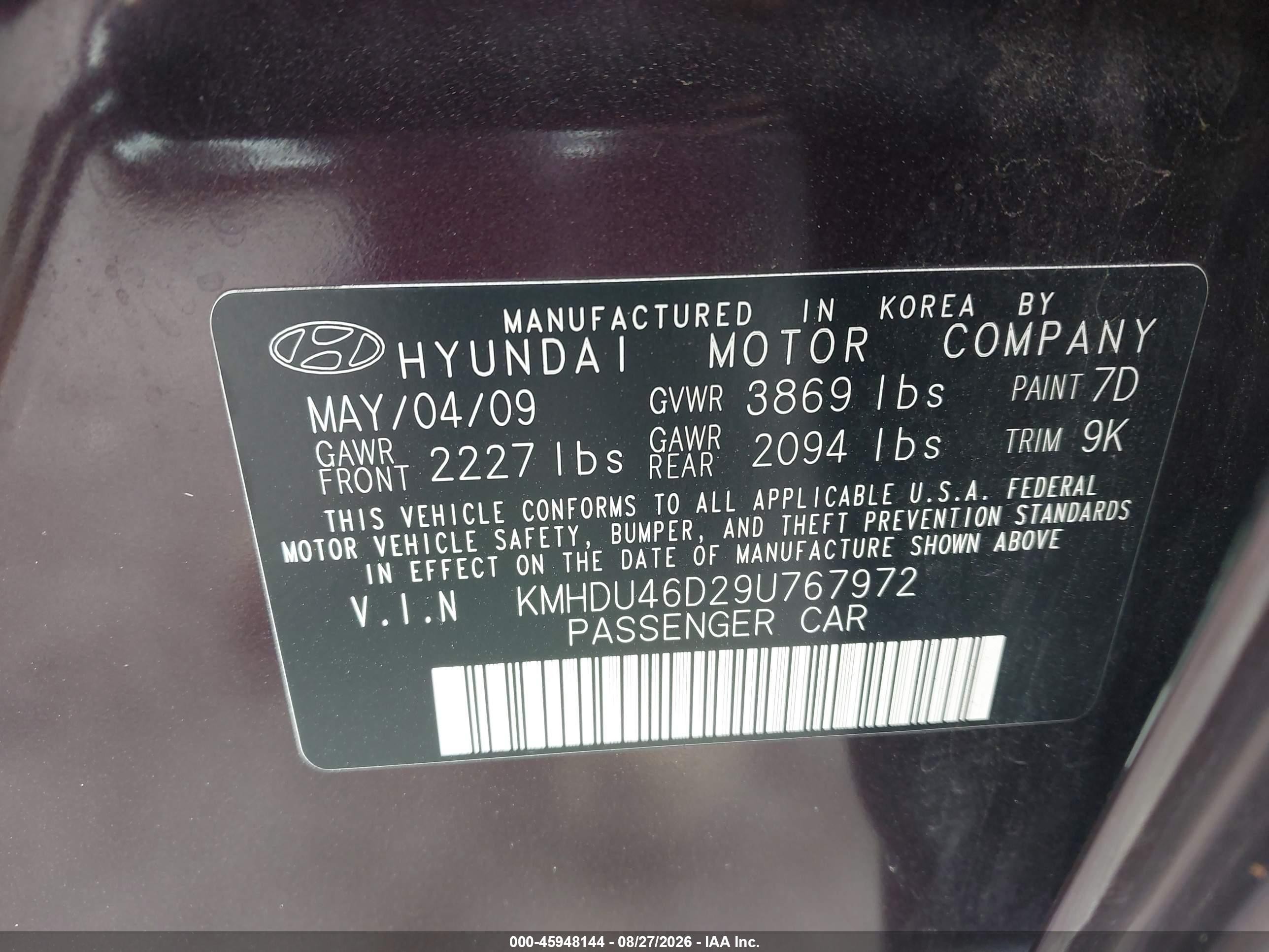 2009 Hyundai Elantra Gls Purple vin: KMHDU46D29U767972