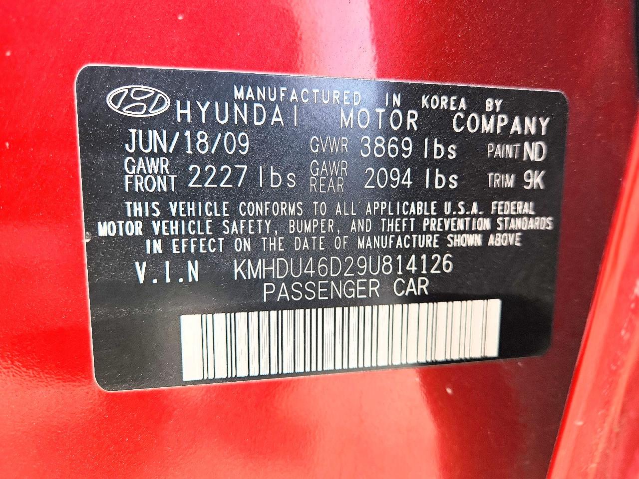 2009 Hyundai Elantra Gls Red vin: KMHDU46D29U814126