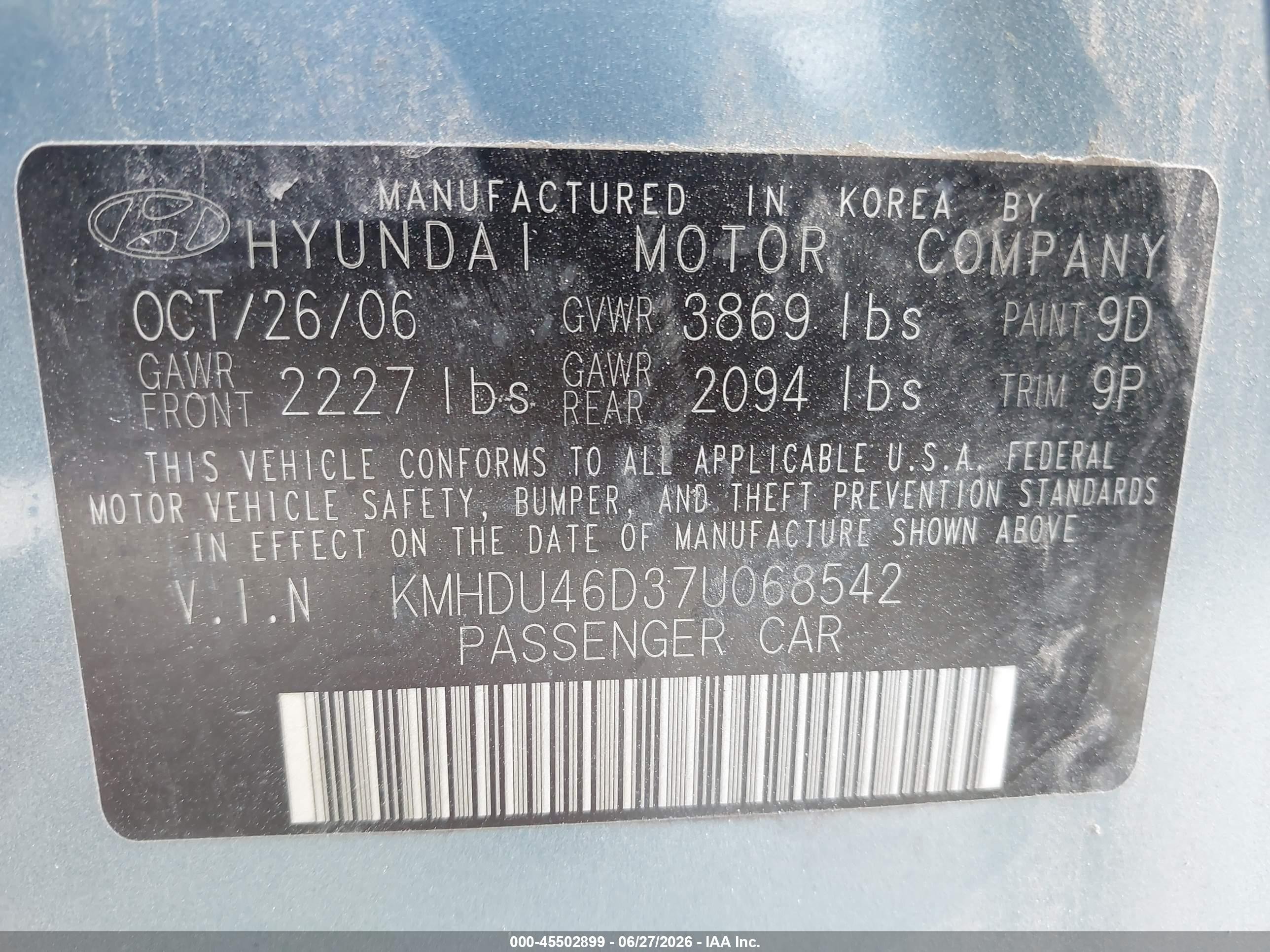 2007 Hyundai Elantra Gls/ltd/se Blue vin: KMHDU46D37U068542