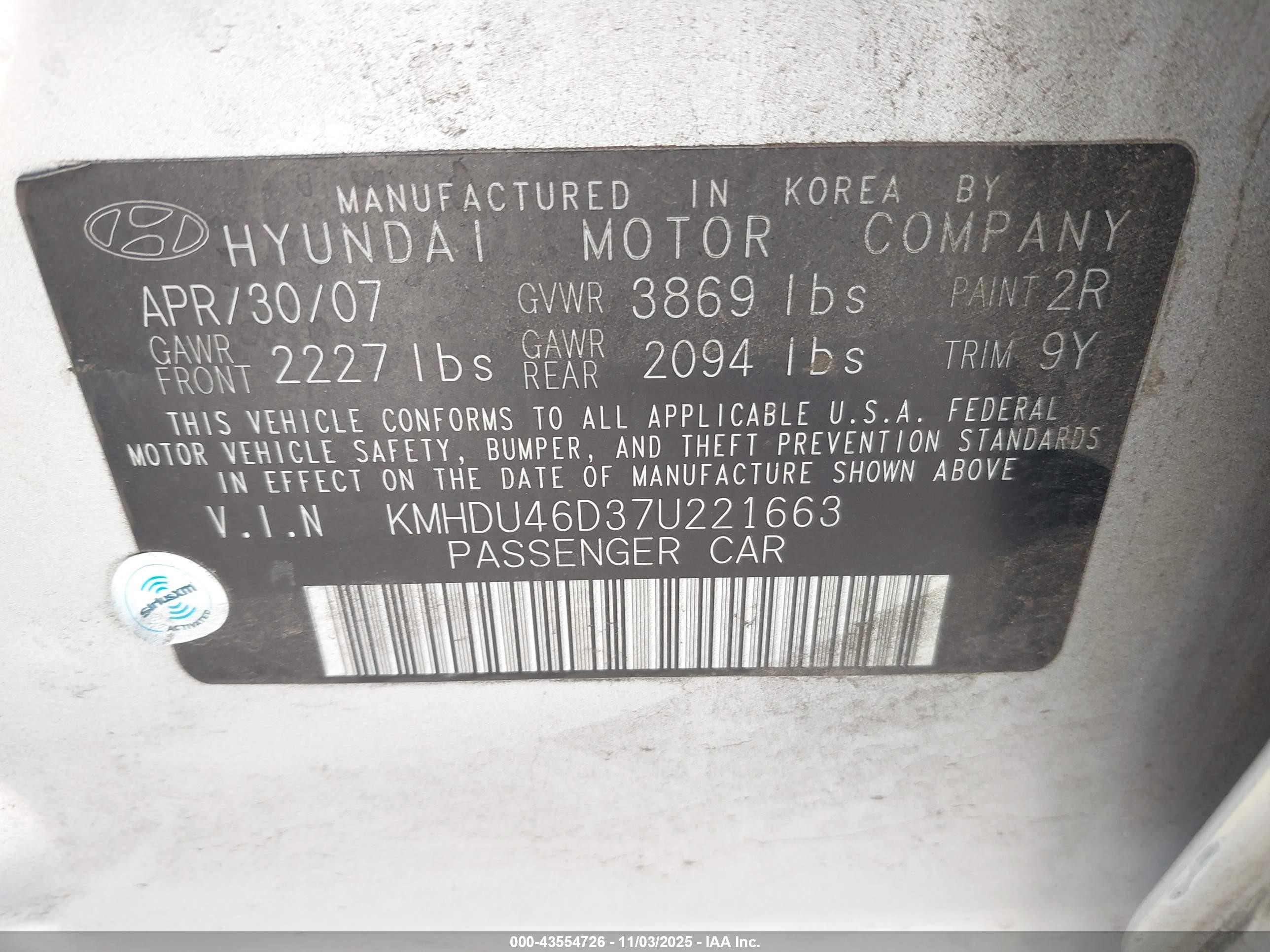 2007 Hyundai Elantra Gls/limited/se Silver vin: KMHDU46D37U221663