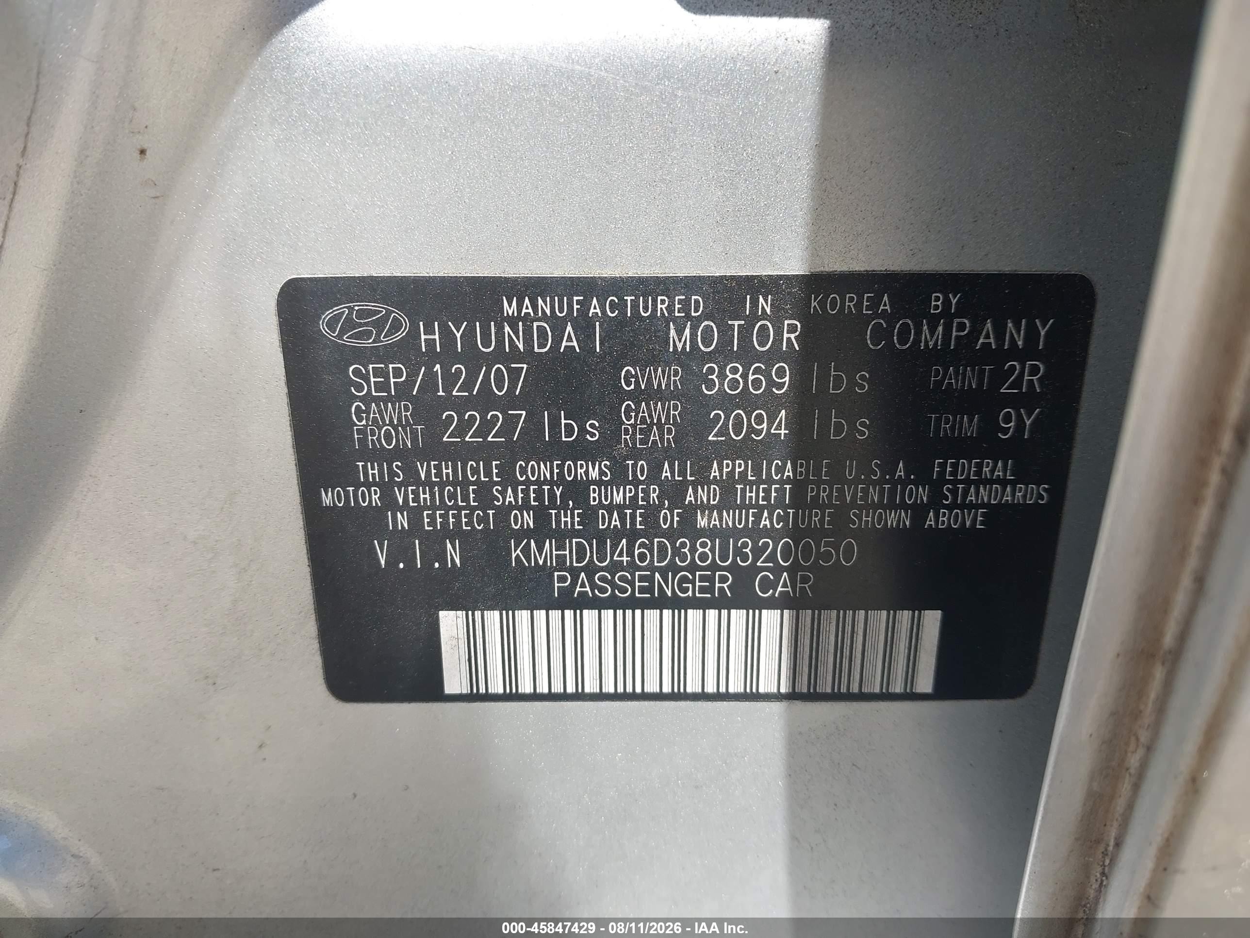 2008 Hyundai Elantra Gls/se Silver vin: KMHDU46D38U320050