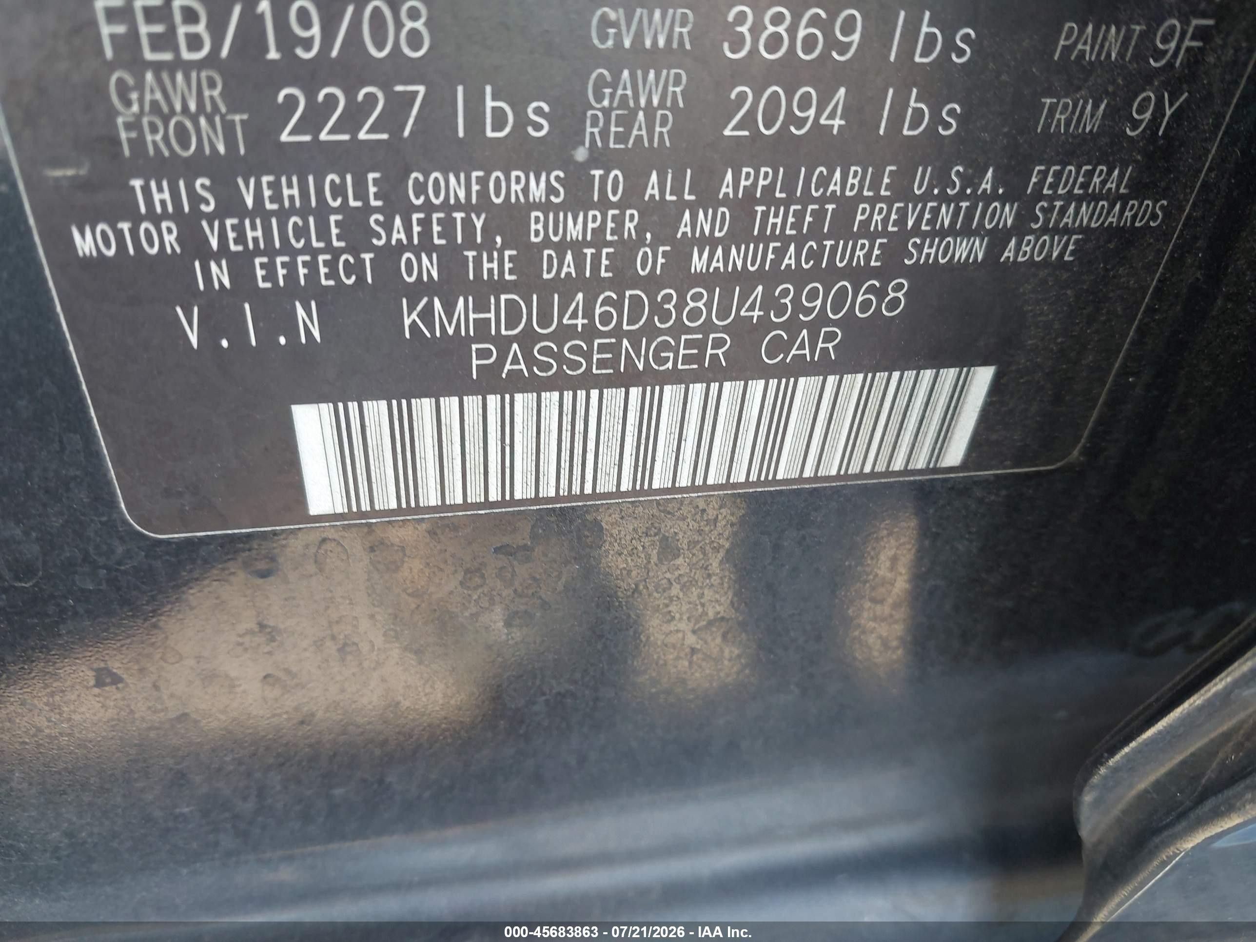 2008 Hyundai Elantra Gls/se Black vin: KMHDU46D38U439068