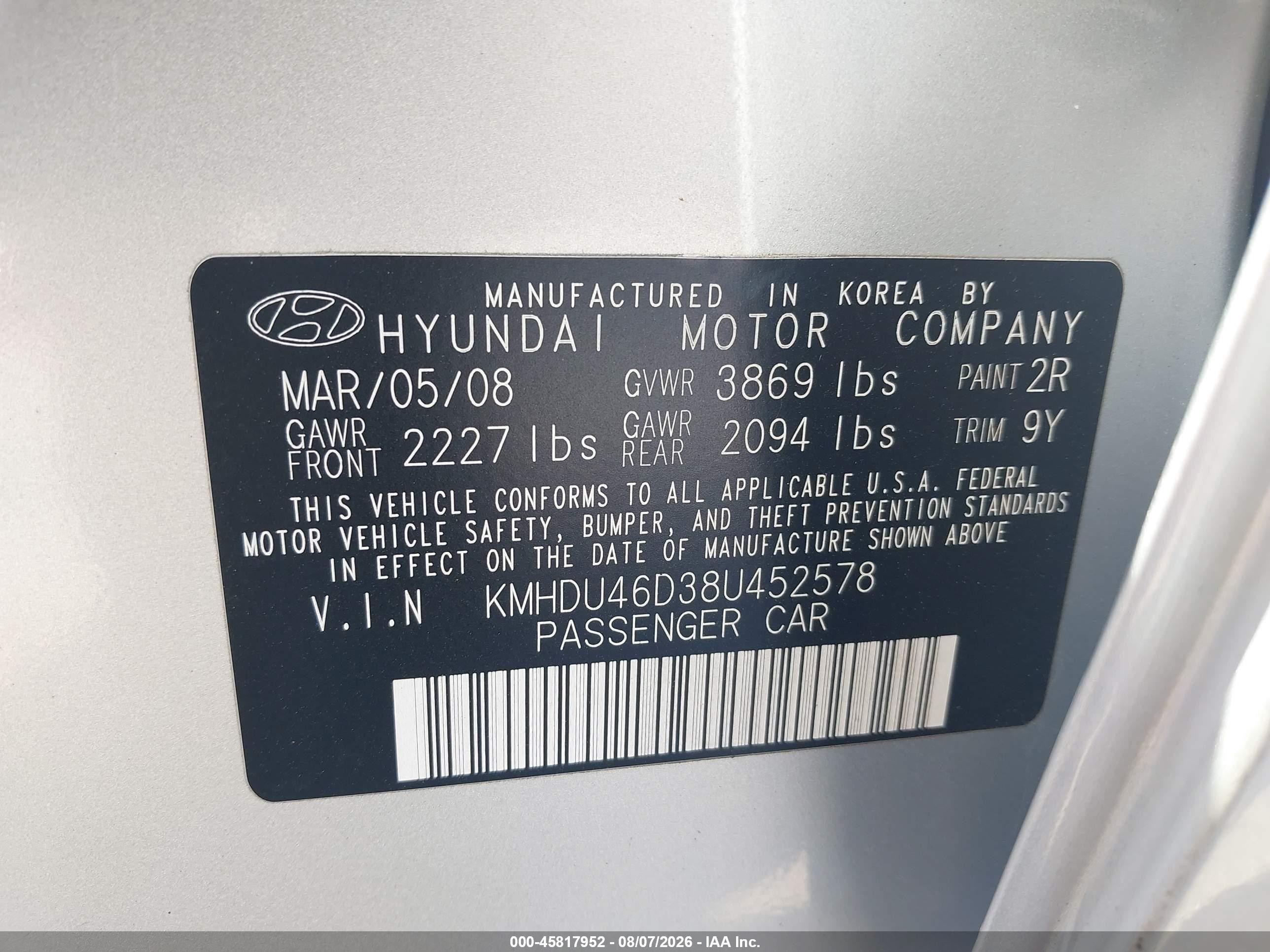 2008 Hyundai Elantra Gls/se Silver vin: KMHDU46D38U452578
