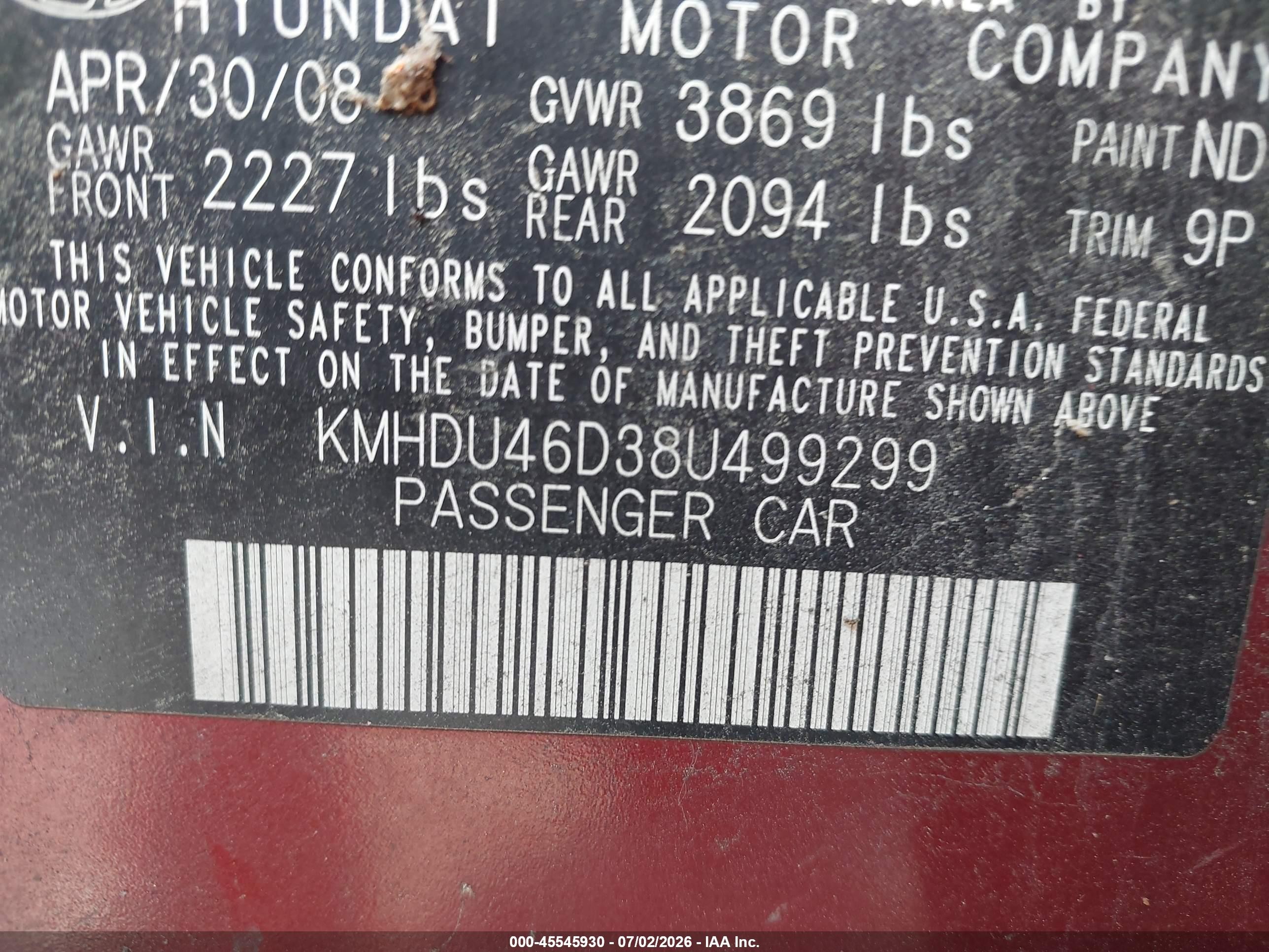 2008 Hyundai Elantra Gls/se Maroon vin: KMHDU46D38U499299