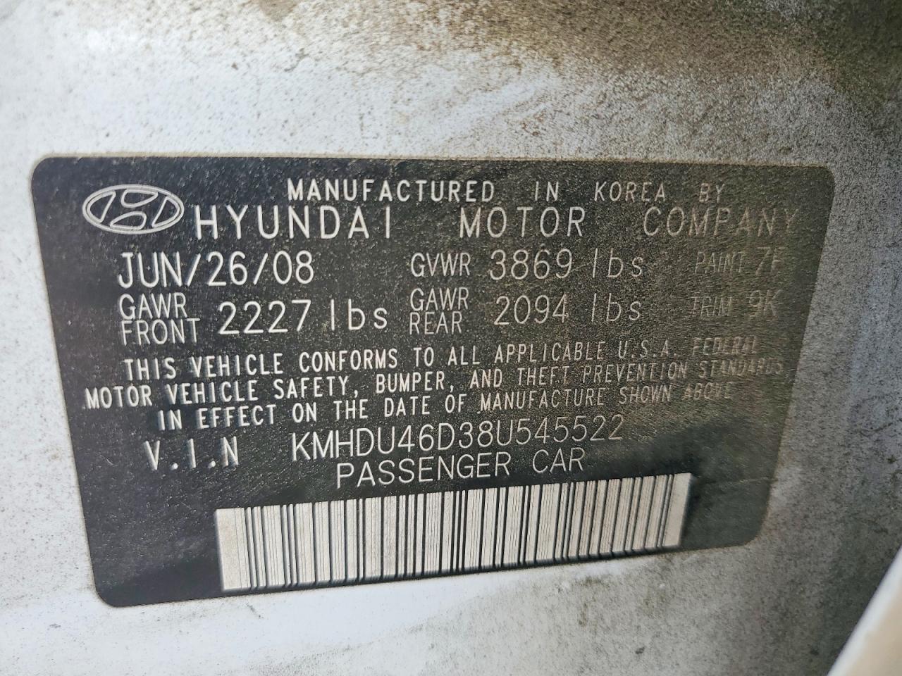 2008 Hyundai Elantra Gls White vin: KMHDU46D38U545522