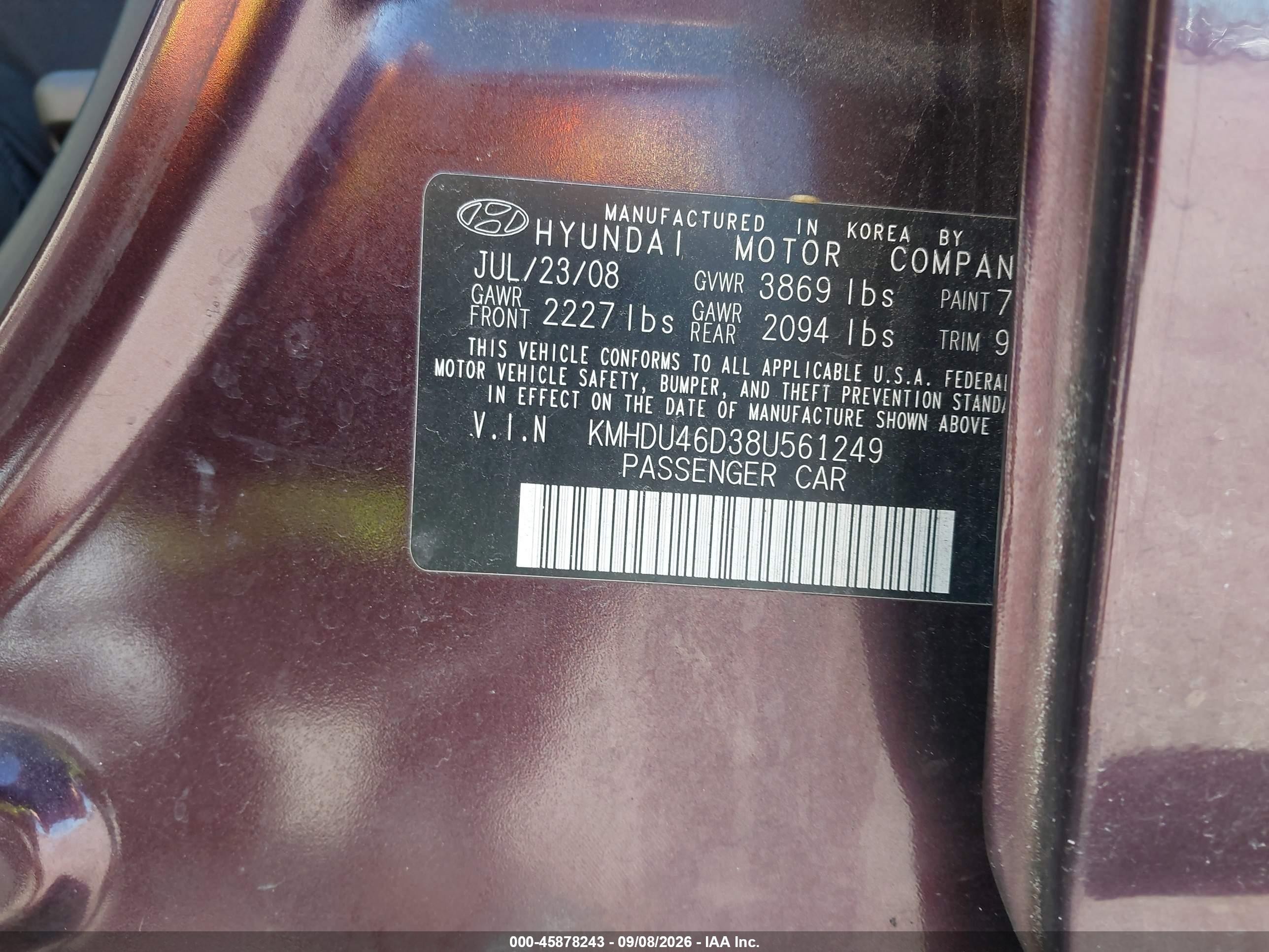 2008 Hyundai Elantra Gls/se Maroon vin: KMHDU46D38U561249