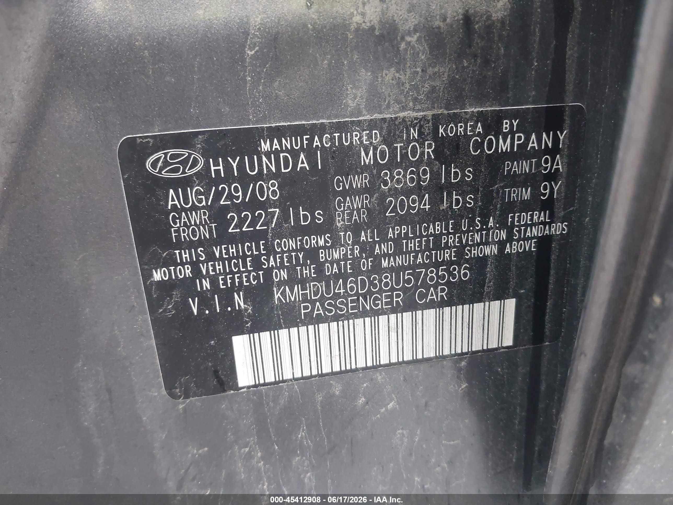 2008 Hyundai Elantra Gls/se Gray vin: KMHDU46D38U578536