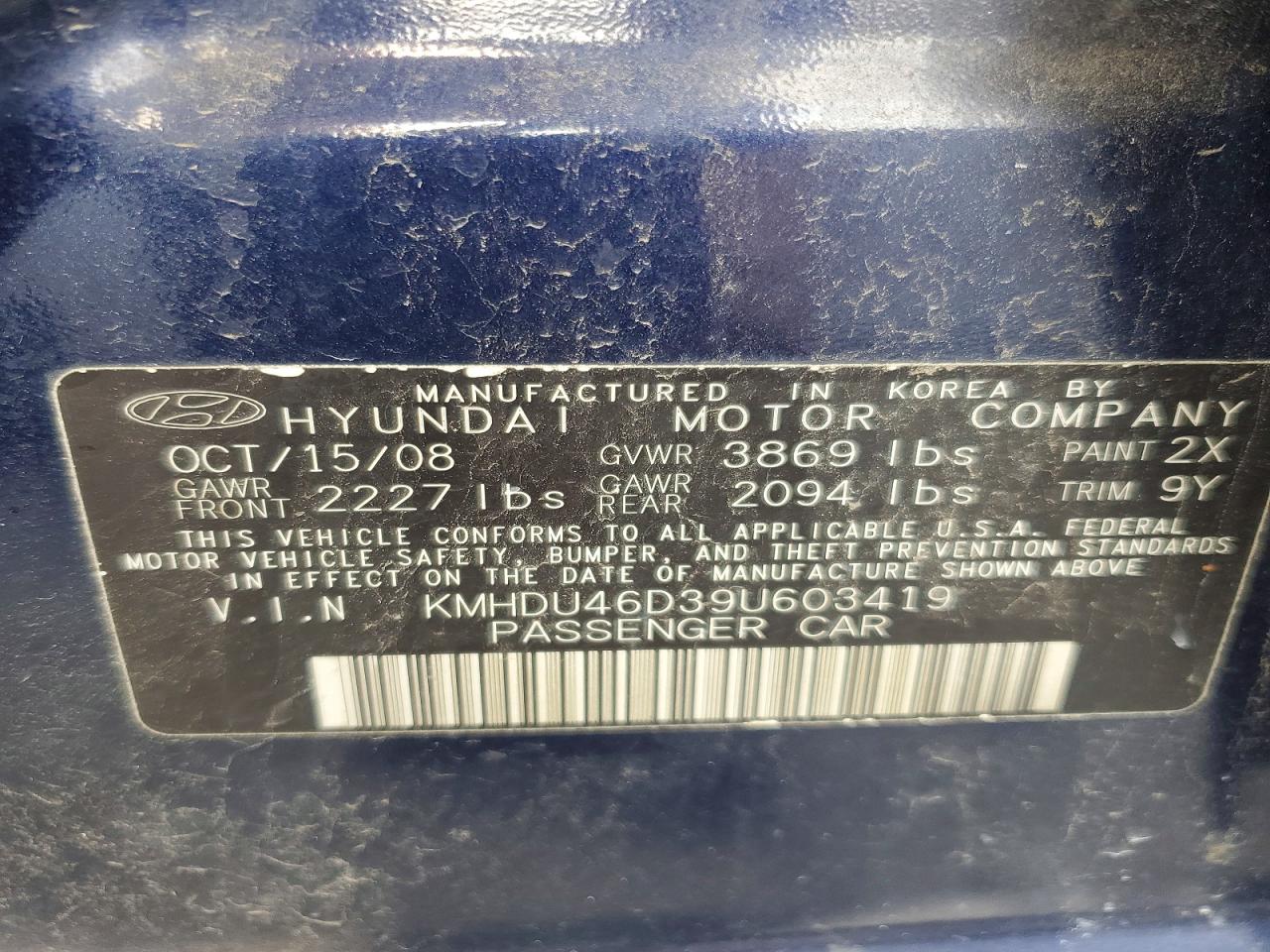 2009 Hyundai Elantra Gls Blue vin: KMHDU46D39U603419