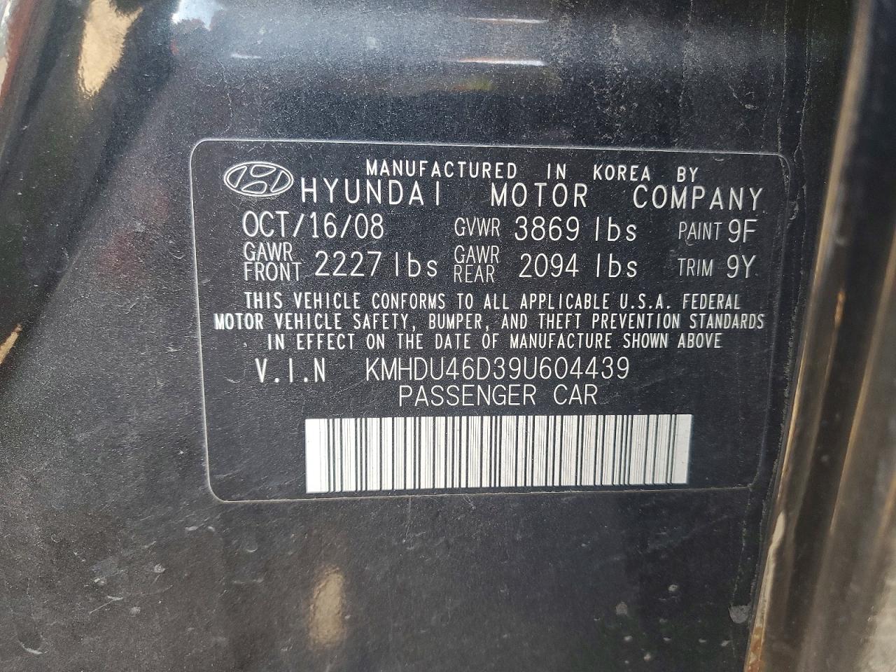 2009 Hyundai Elantra Gls Black vin: KMHDU46D39U604439
