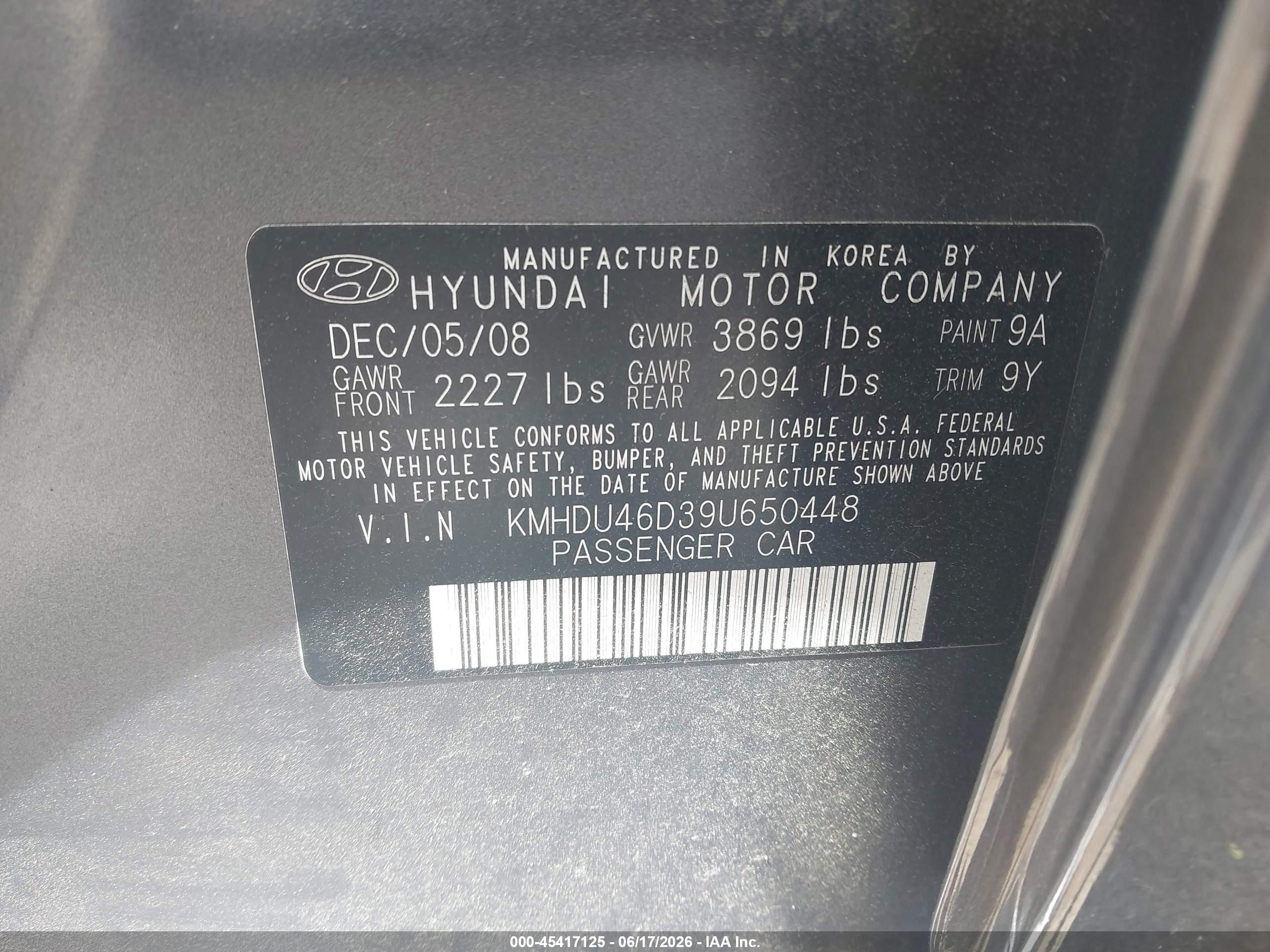 2009 Hyundai Elantra Gls Gray vin: KMHDU46D39U650448
