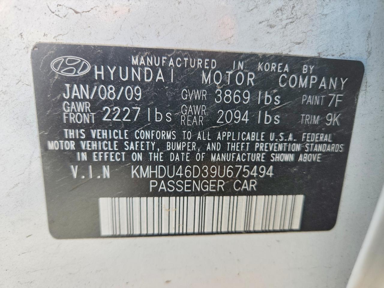 2009 Hyundai Elantra Gls White vin: KMHDU46D39U675494