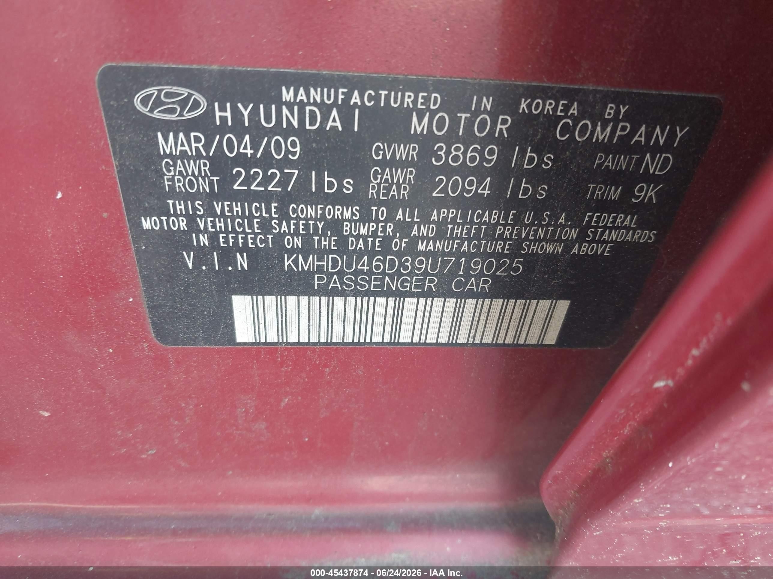2009 Hyundai Elantra Gls Темно-бордовый vin: KMHDU46D39U719025
