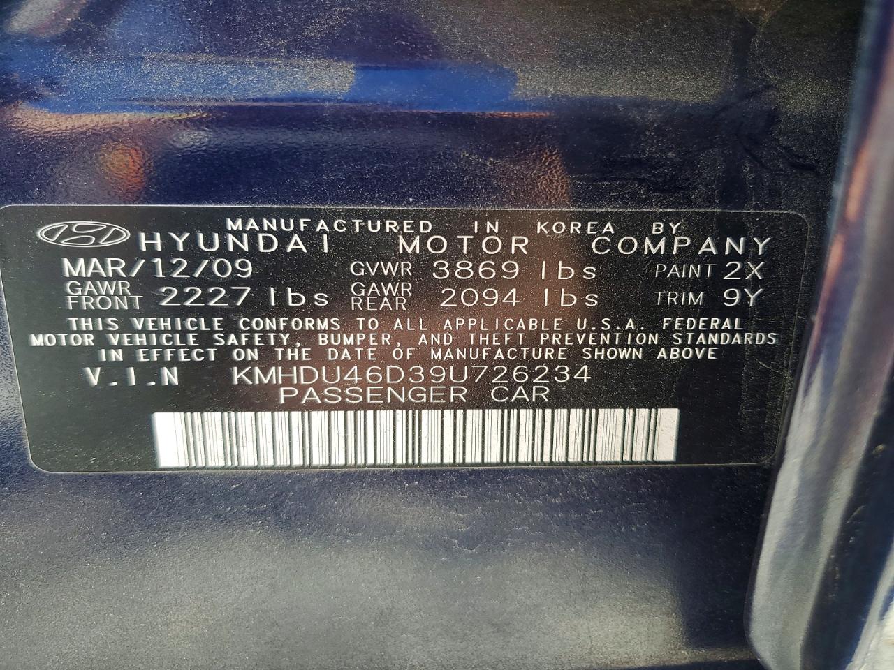 2009 Hyundai Elantra Gls Blue vin: KMHDU46D39U726234