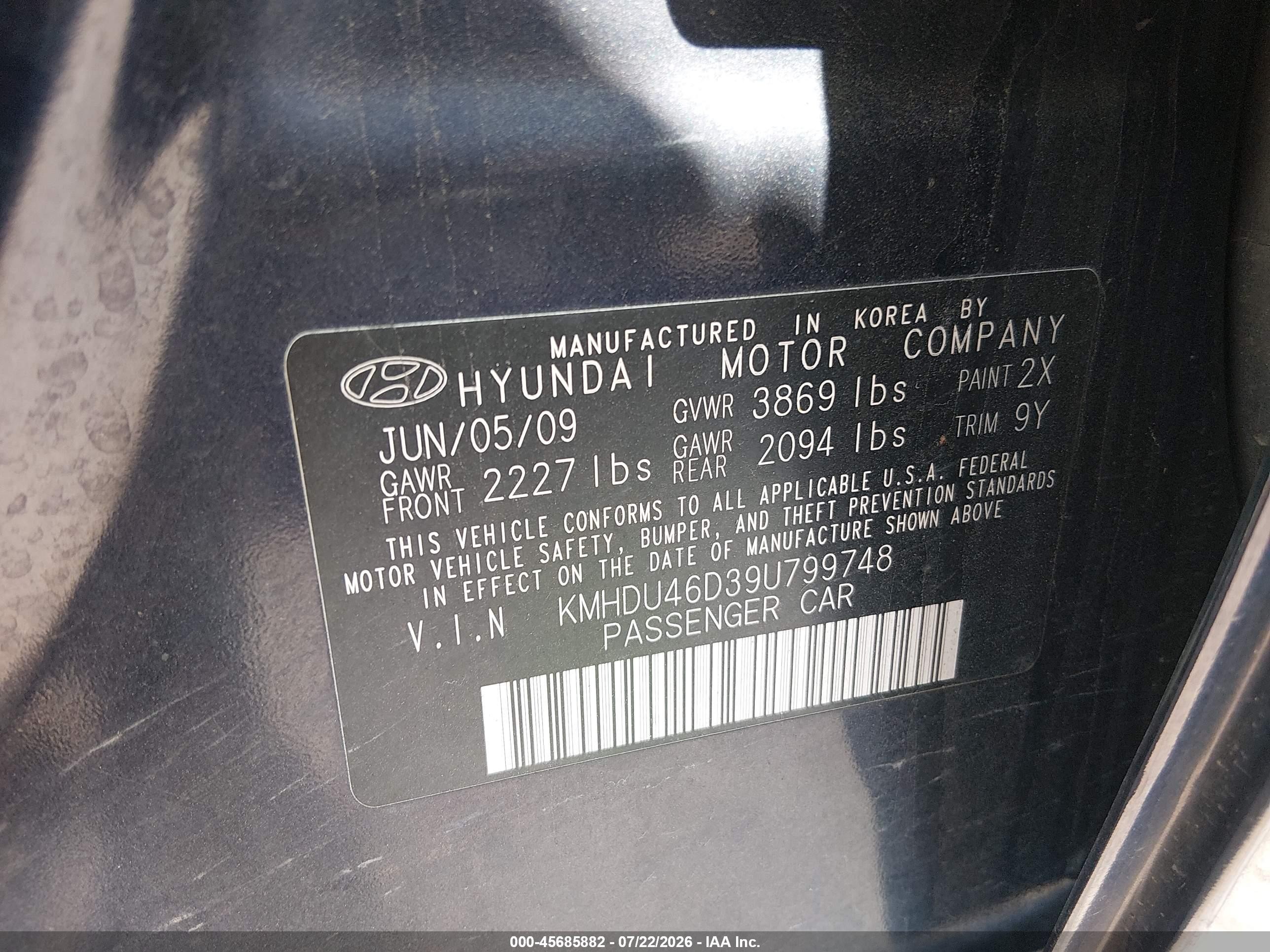 2009 Hyundai Elantra Se Blue vin: KMHDU46D39U799748