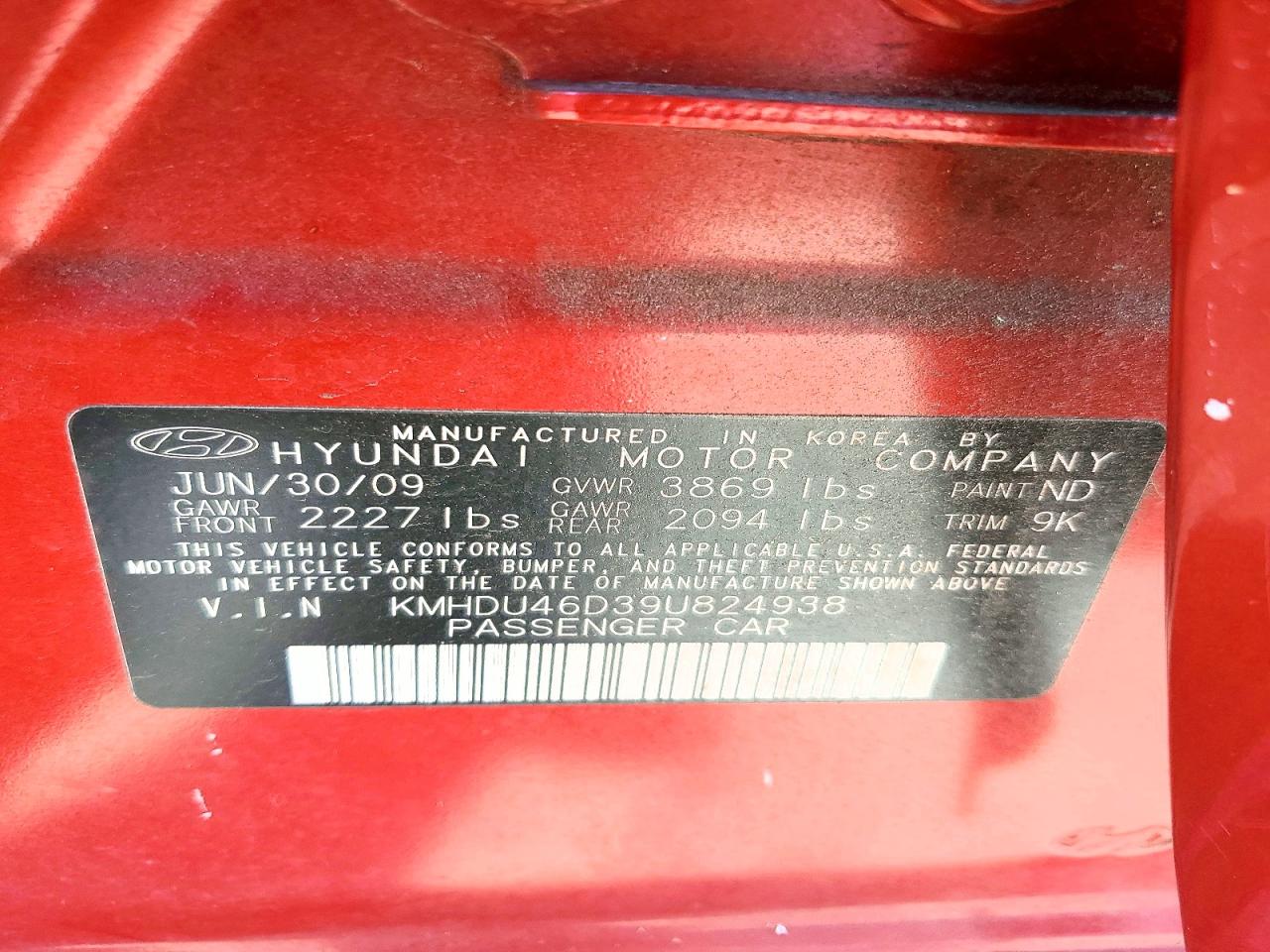 2009 Hyundai Elantra Gls Red vin: KMHDU46D39U824938