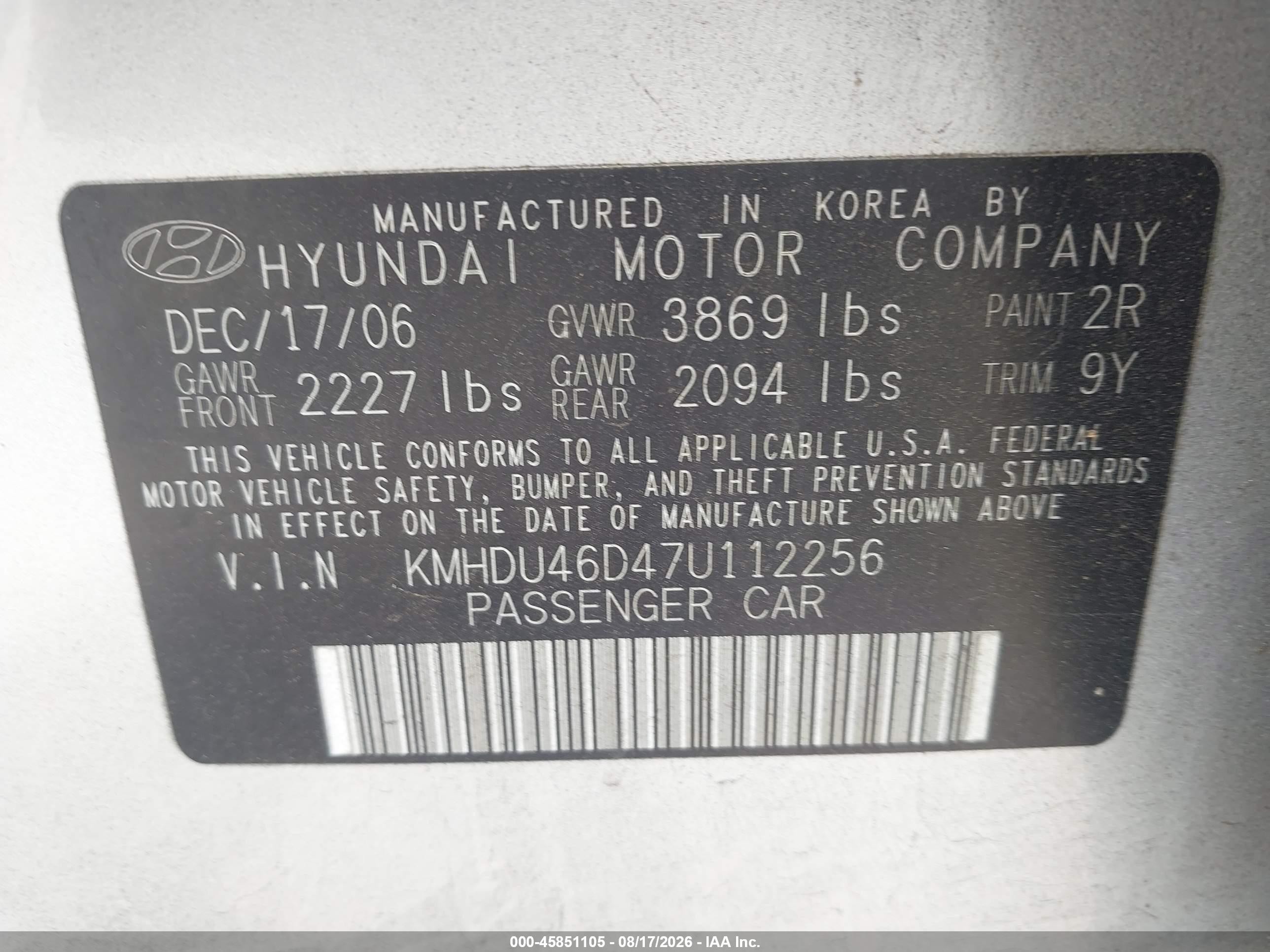 2007 Hyundai Elantra Gls/se/limited Silver vin: KMHDU46D47U112256