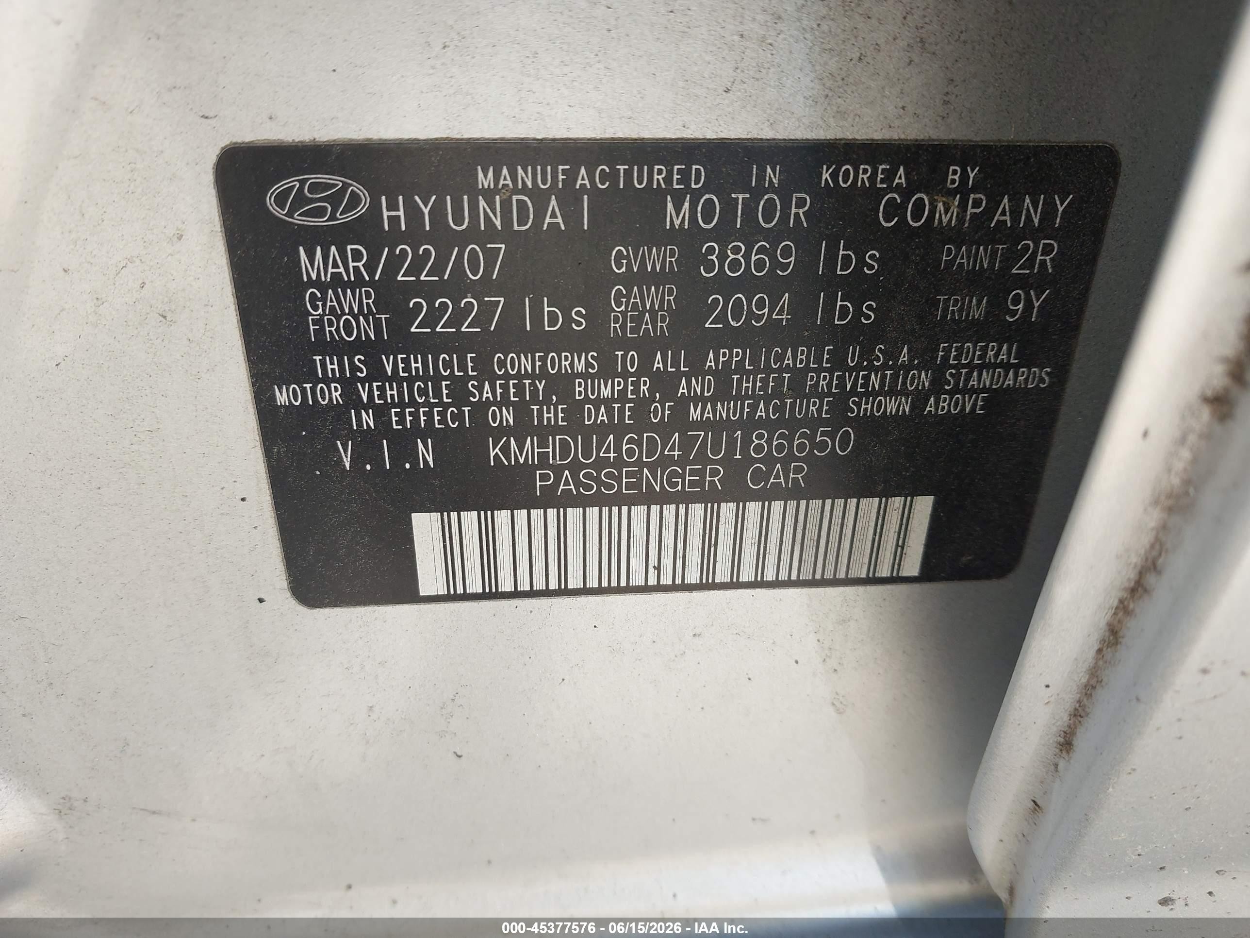 2007 Hyundai Elantra Gls/ltd/se Silver vin: KMHDU46D47U186650