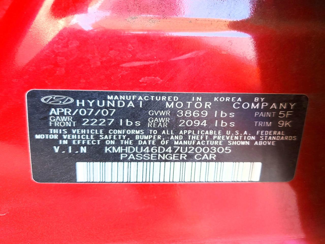 2007 Hyundai Elantra Gls Red vin: KMHDU46D47U200305