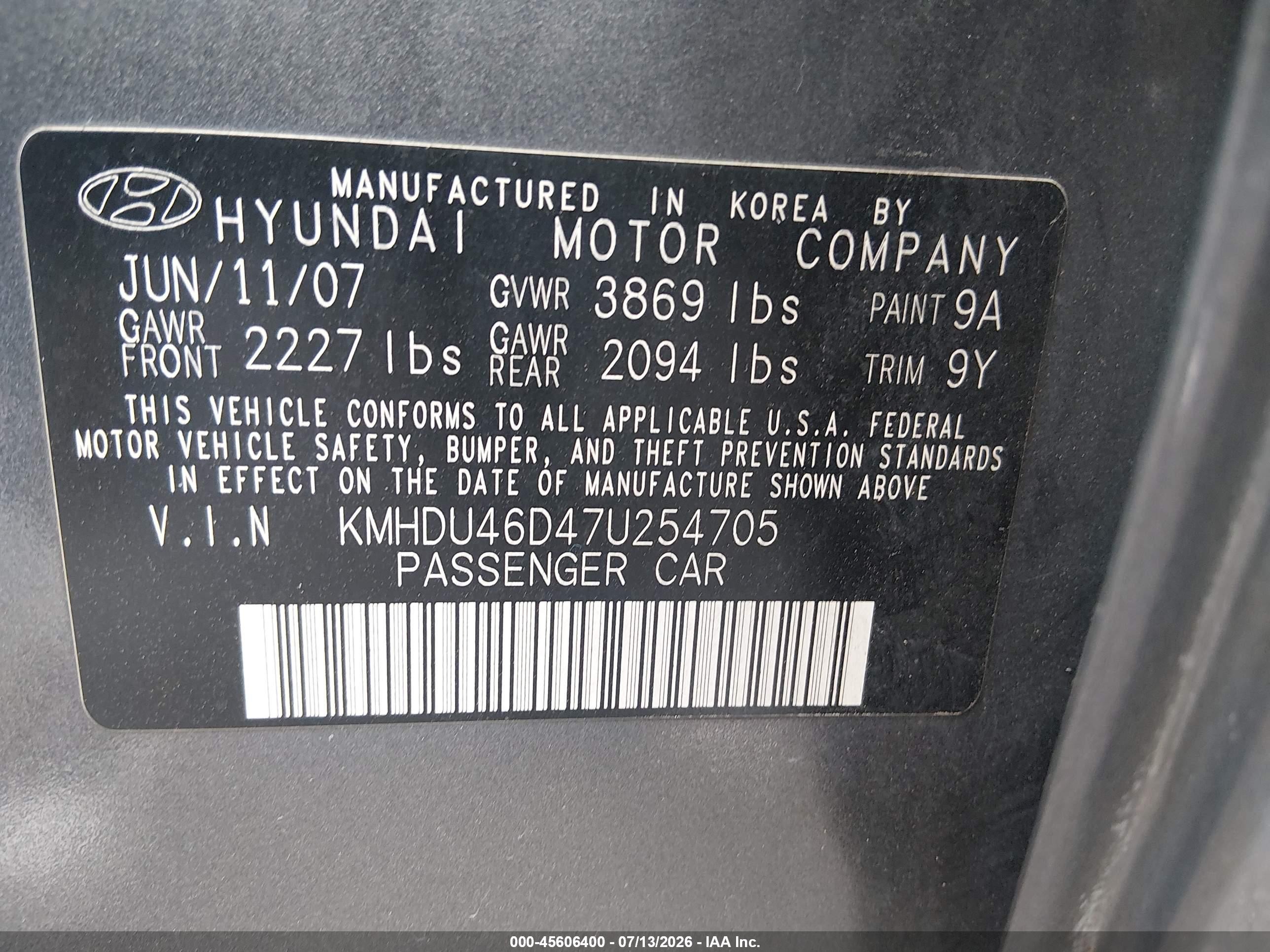 2007 Hyundai Elantra Gls/ltd/se Gray vin: KMHDU46D47U254705