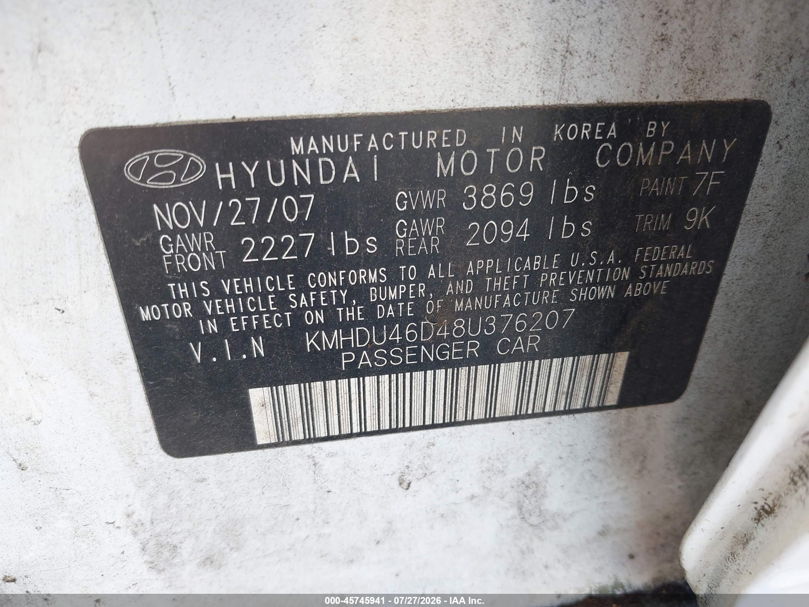 2008 Hyundai Elantra Gls/se White vin: KMHDU46D48U376207