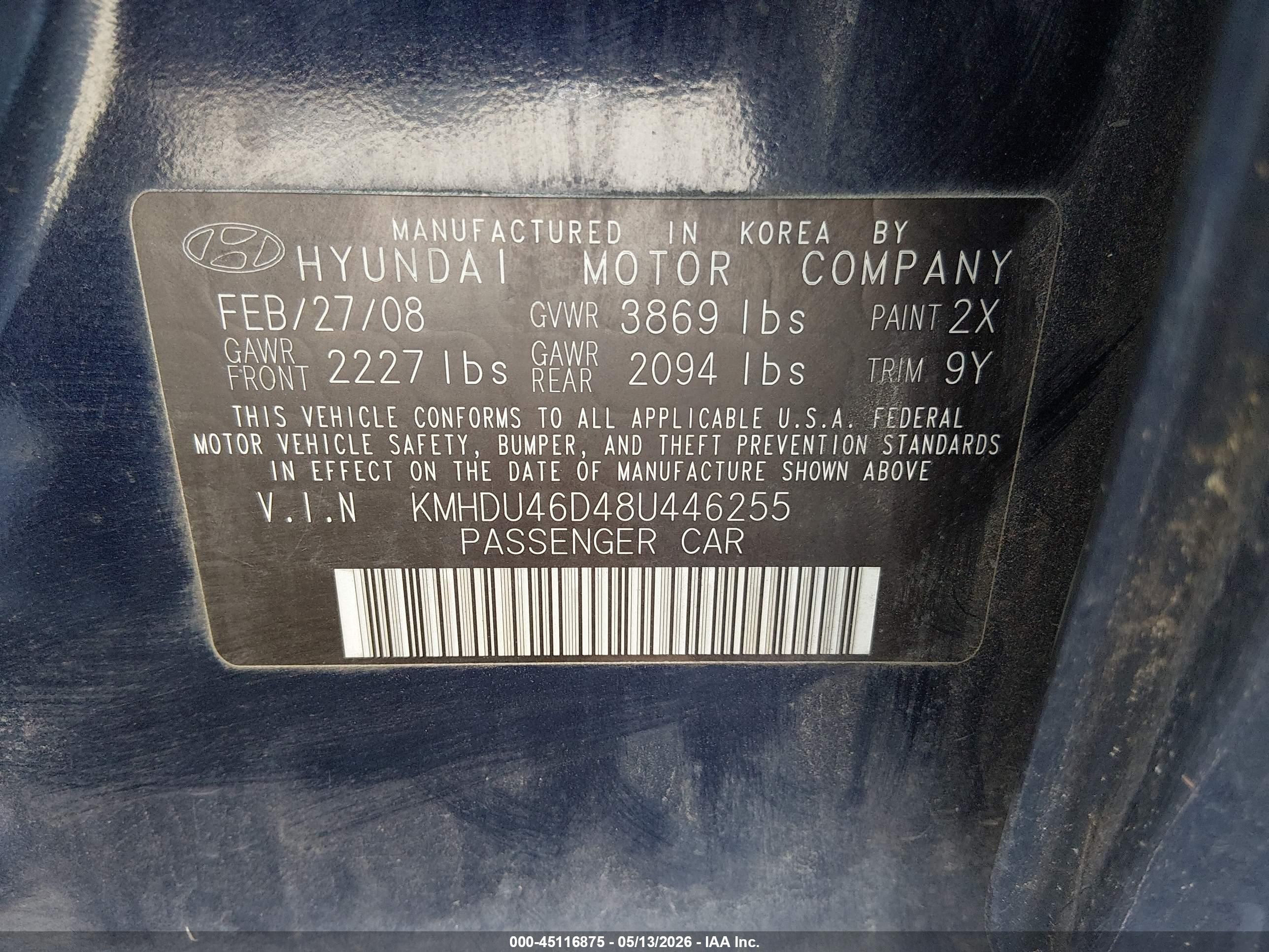 2008 Hyundai Elantra Gls/se Blue vin: KMHDU46D48U446255